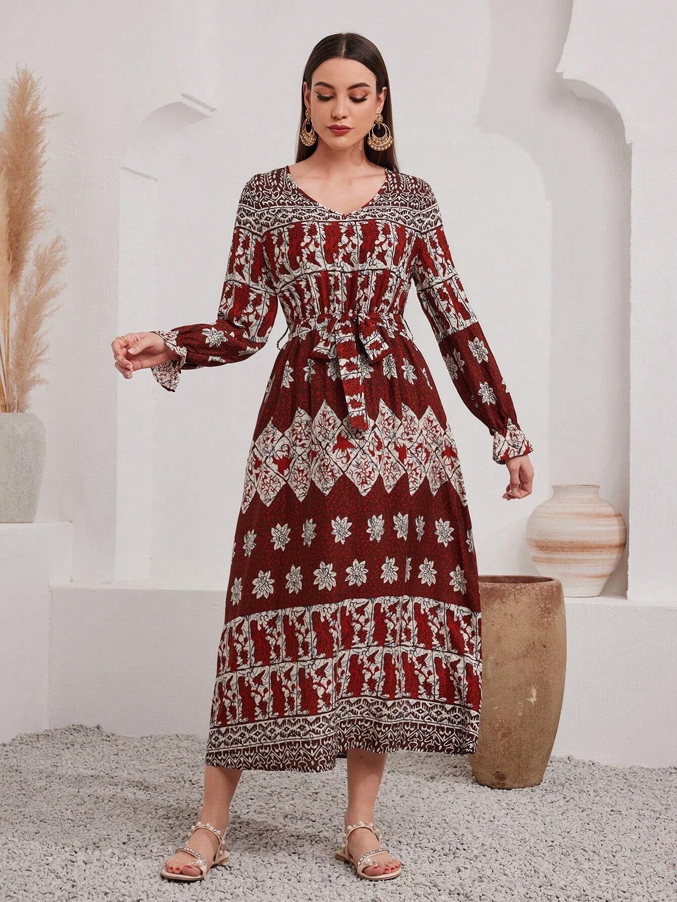 Mulvari Full Printed Long Sleeve Belted Dress