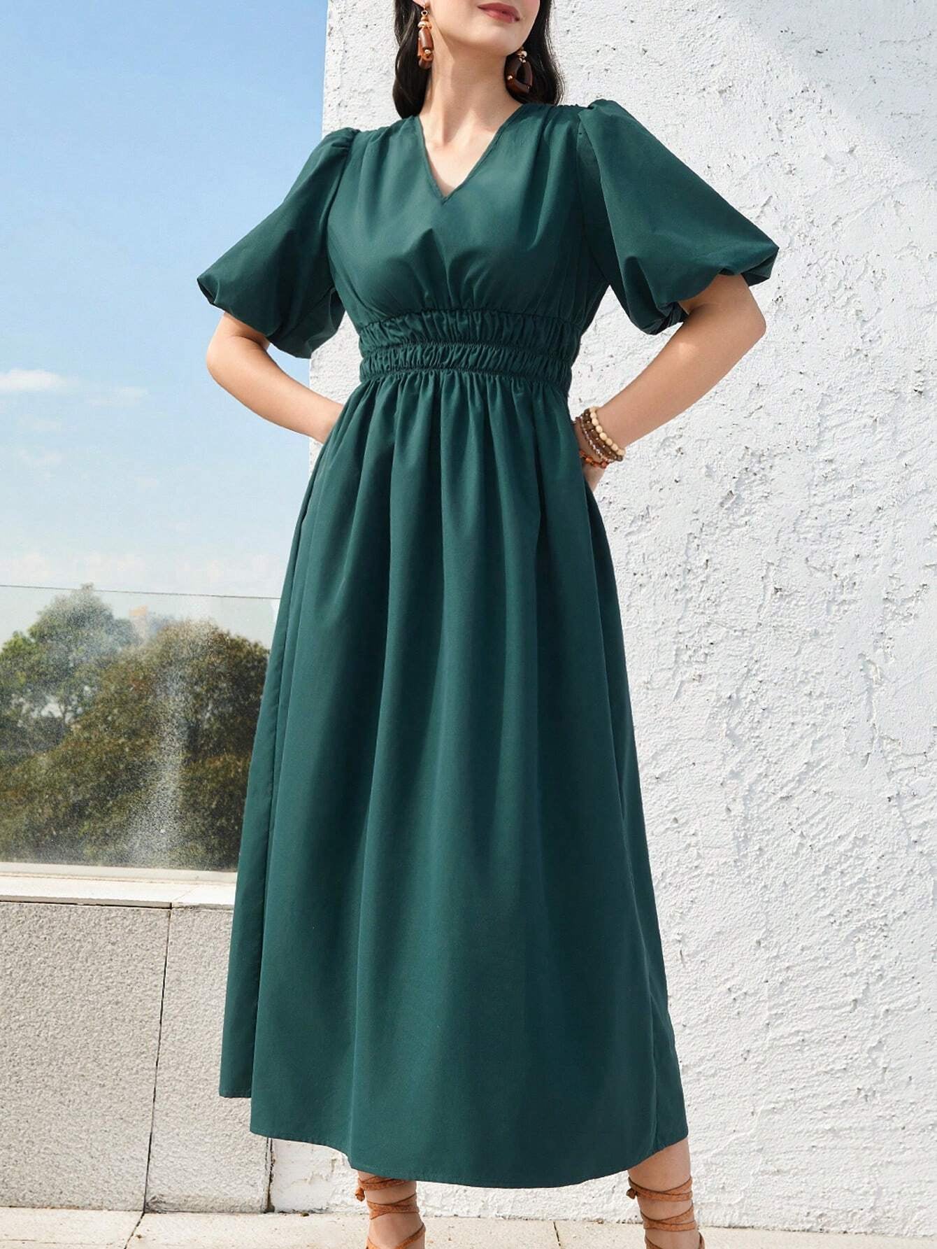 Mulvari Women'S Lantern Sleeve Waist Adjustable Dress
