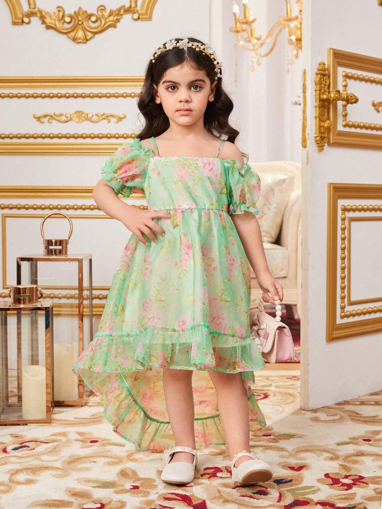 Young Girl Slim Fitted Gorgeous Holiday Puff Sleeve High Low Maxi Dress