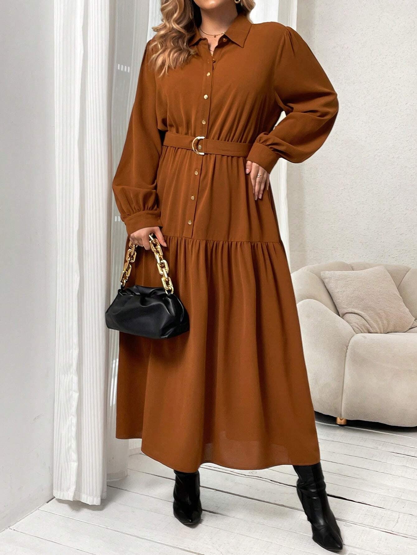 Frenchy plus Lantern Sleeve Ruffle Hem Belted Shirt Dress