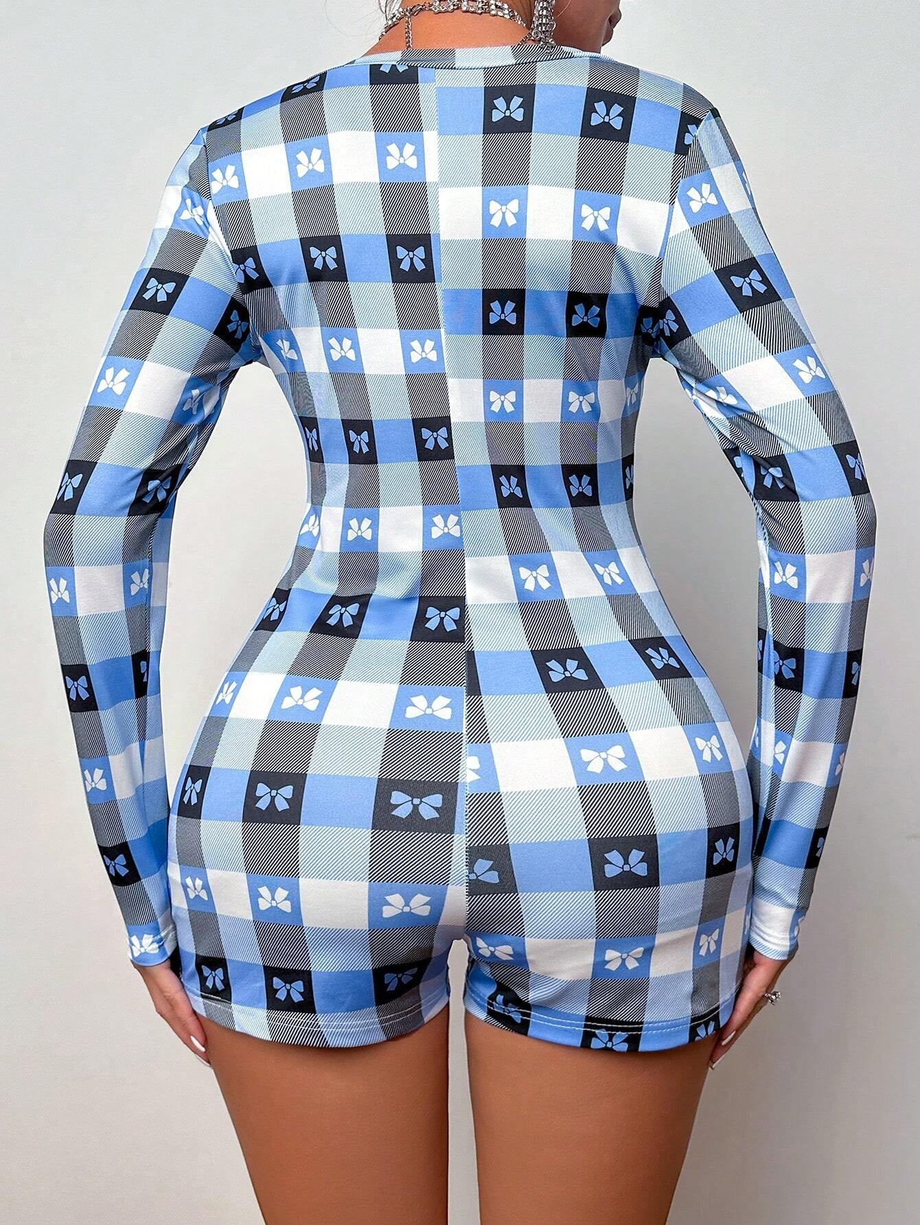 Women'S Plaid Bow Print Pajama Romper