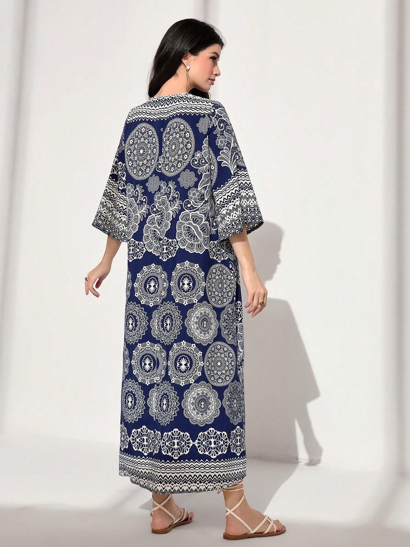 Najma Floral Print Notched Neckline Kaftan