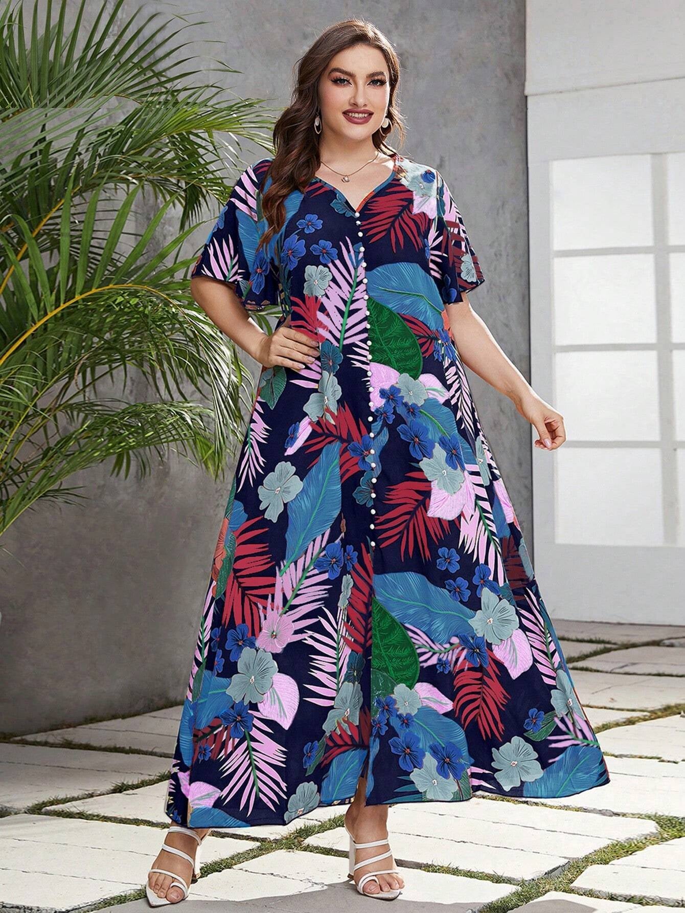 Mulvari plus Tropical Print Butterfly Sleeve Fake Button Dress