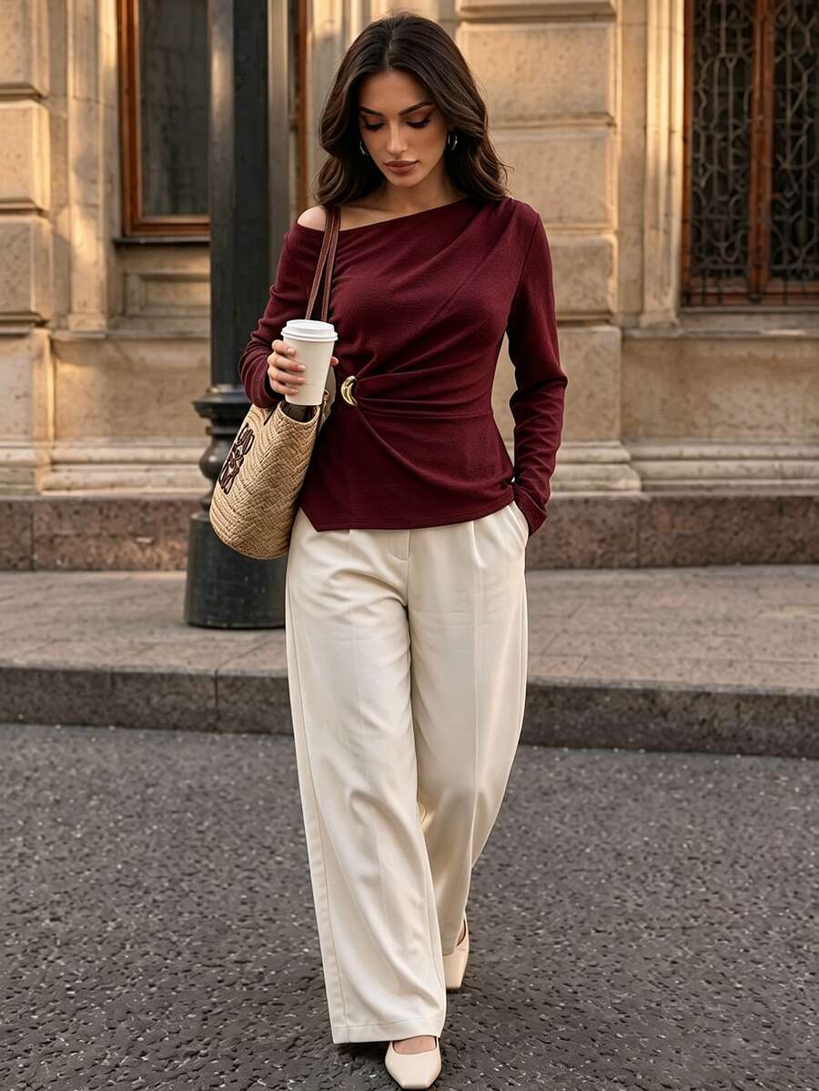 SHEIN Elenzga بلوزة نسائية سادة بتجاعيد وأكمام طويلة بلون عنابي