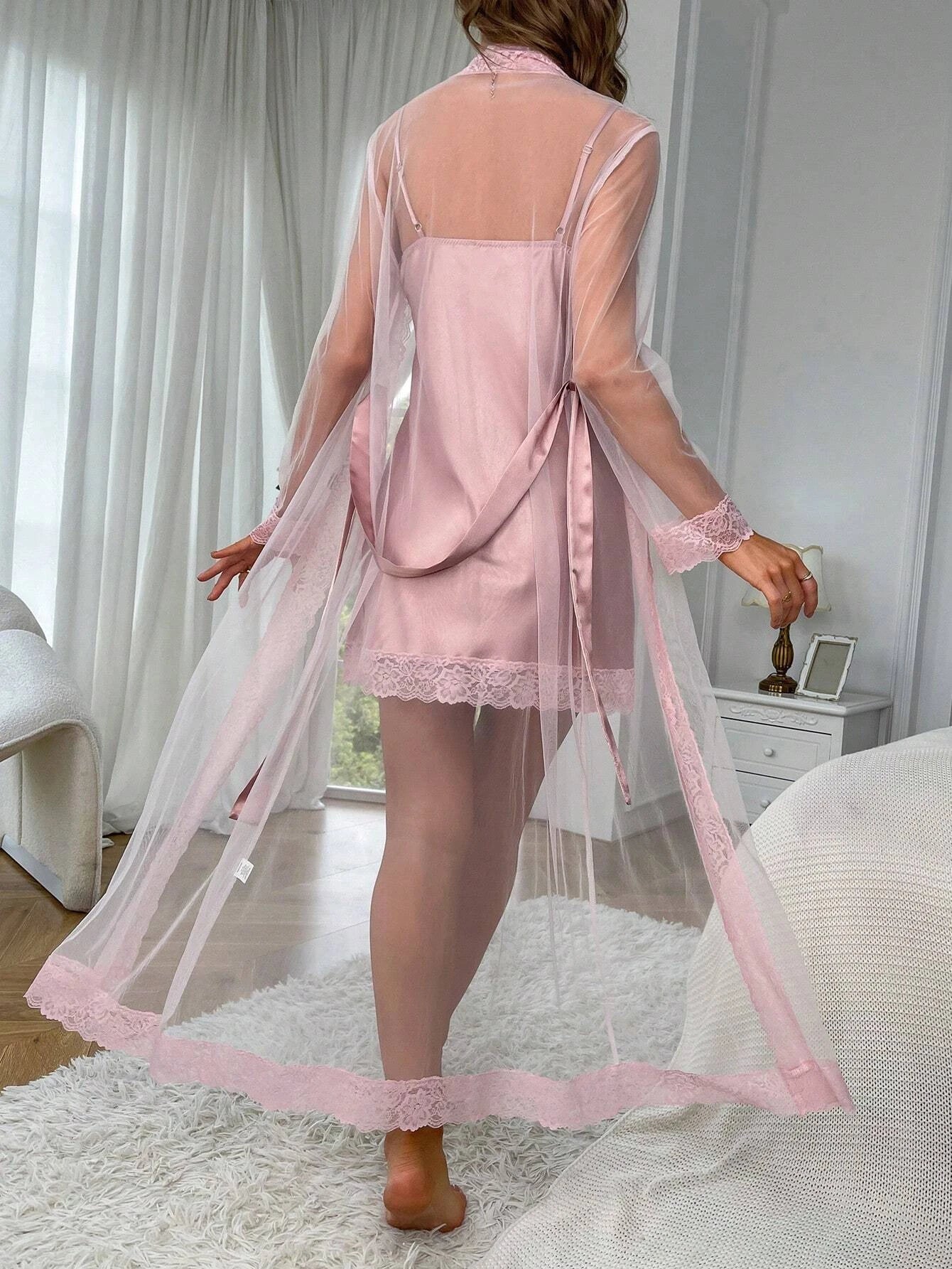 Contrast Lace Mesh Robe & Cami Dress PJ Set