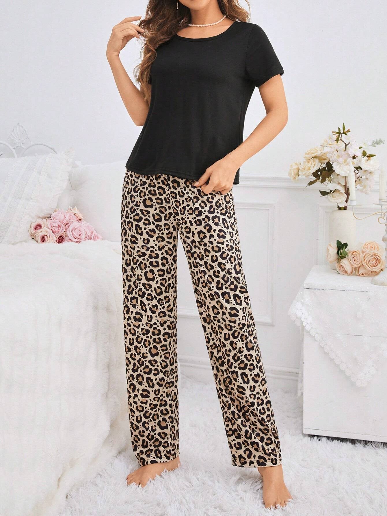 Ariqdhaksinargha Women'S Solid Color Top & Leopard Print Long Pants Pajama Set