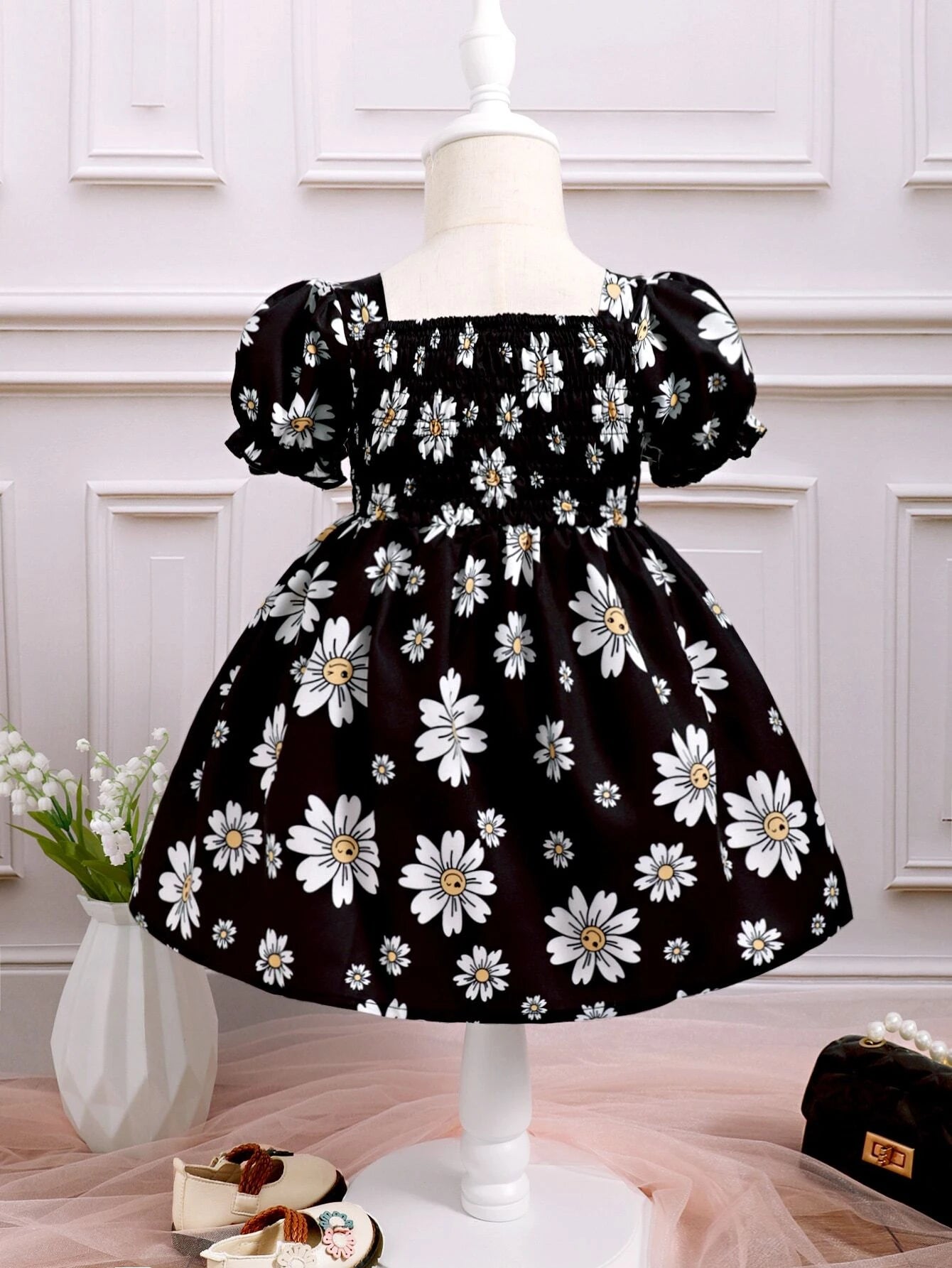 Baby Girl Floral Print Bow Front Puff Sleeve Dress