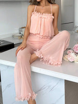 Floral Lace Decor Double Layered Mesh Cami Jumpsuit Set