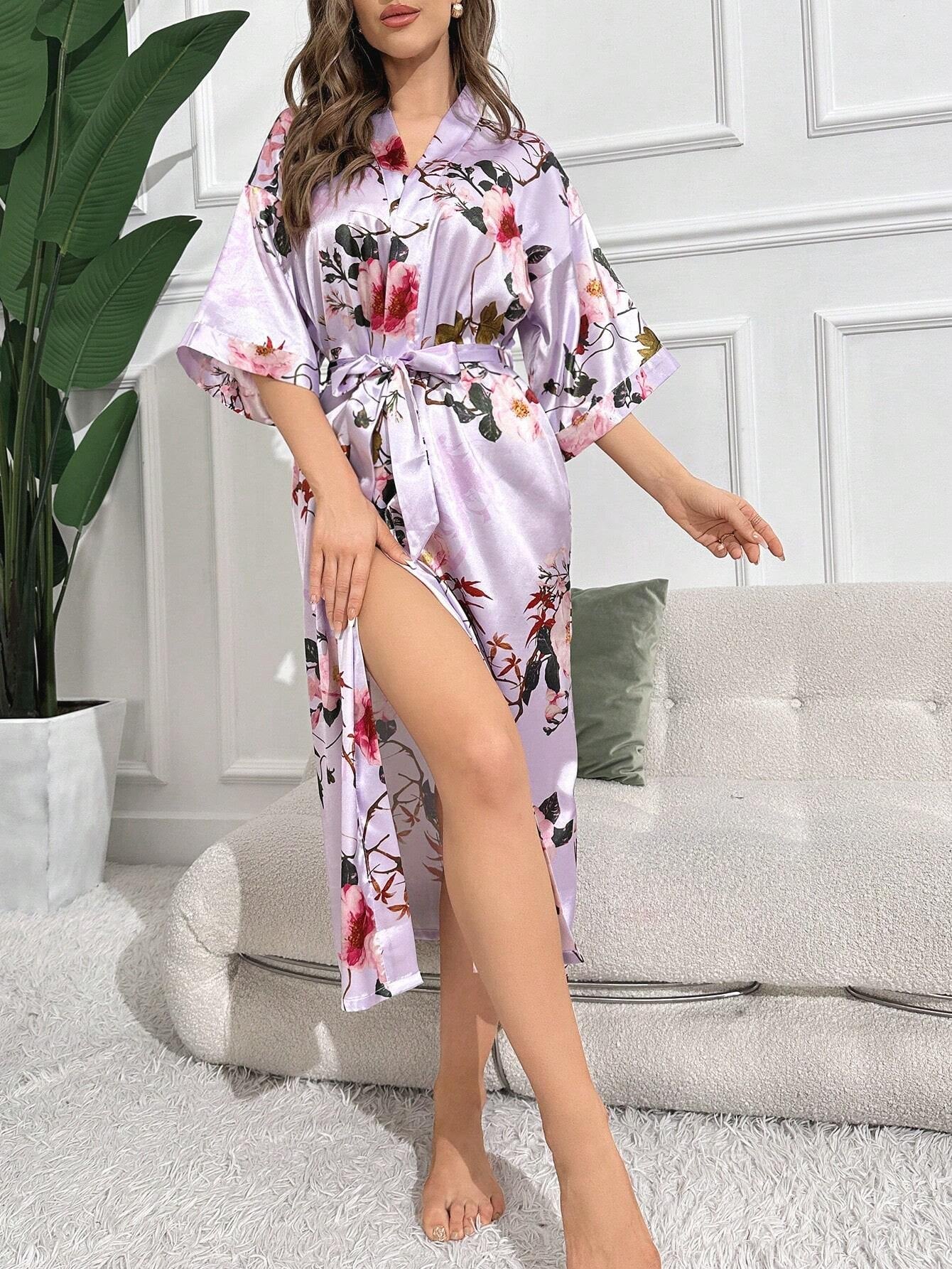 Floral Print Belted Satin Robe