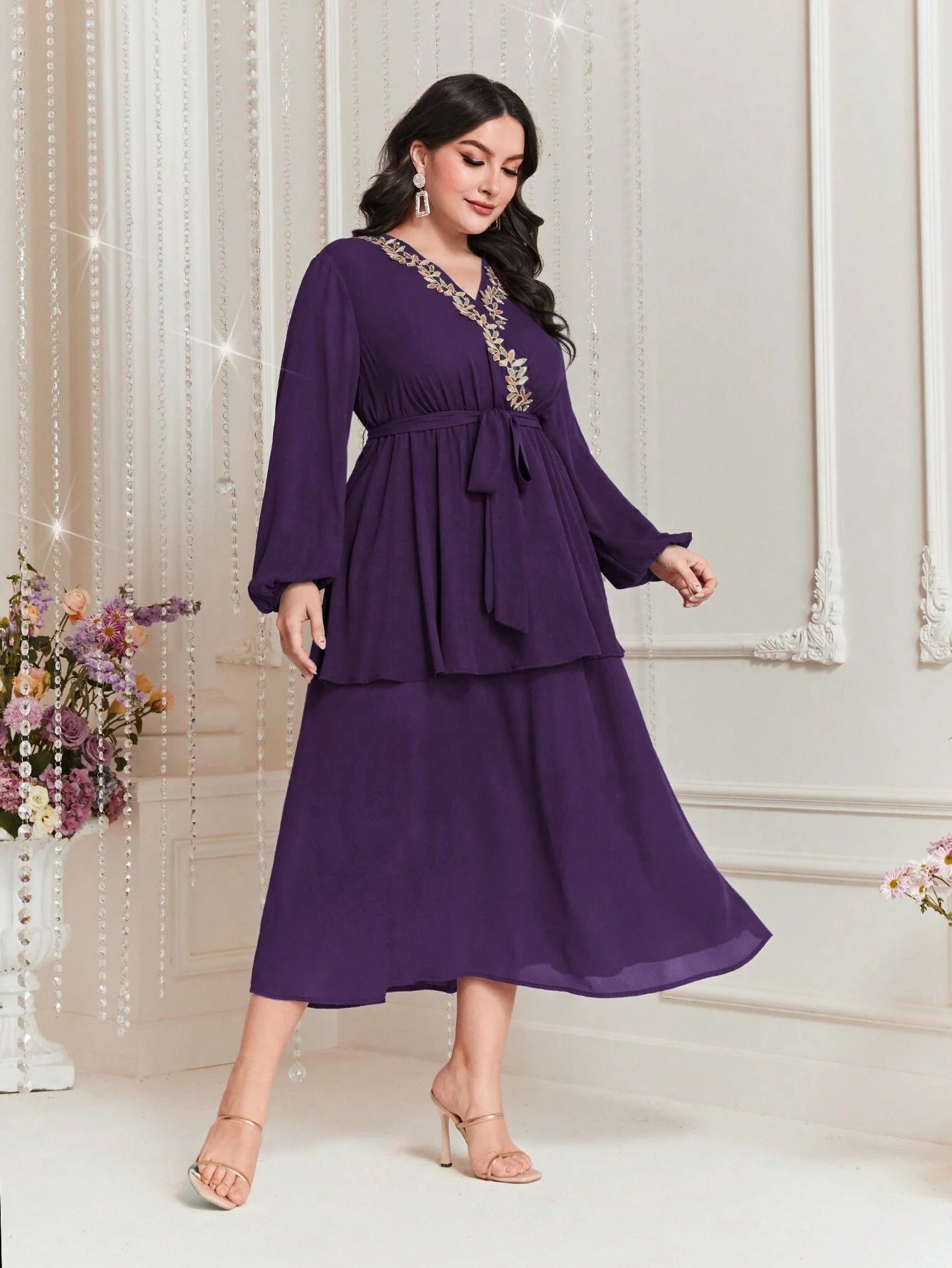Modely plus Size Embroidered Decor Lantern Sleeve Dress