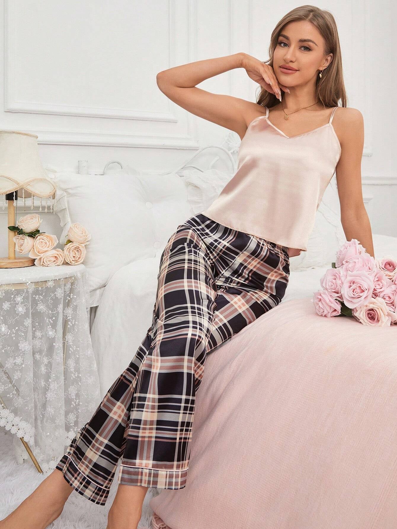 Women'S Plaid & Printed Satin Cami Pajama Set
