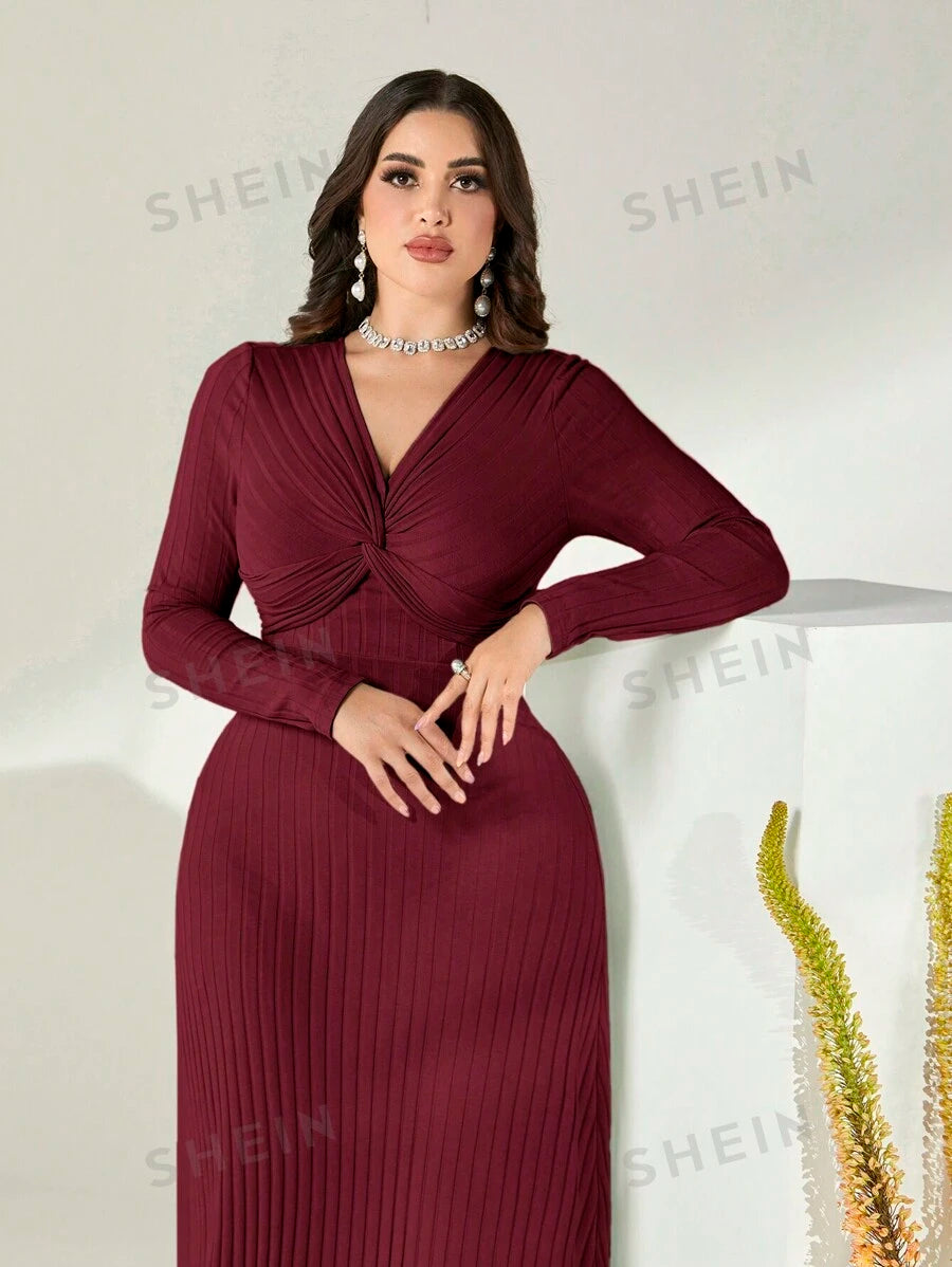 SHEIN Modely فستان محبوك مجعد أمامي باللون الأحمر البرغندي