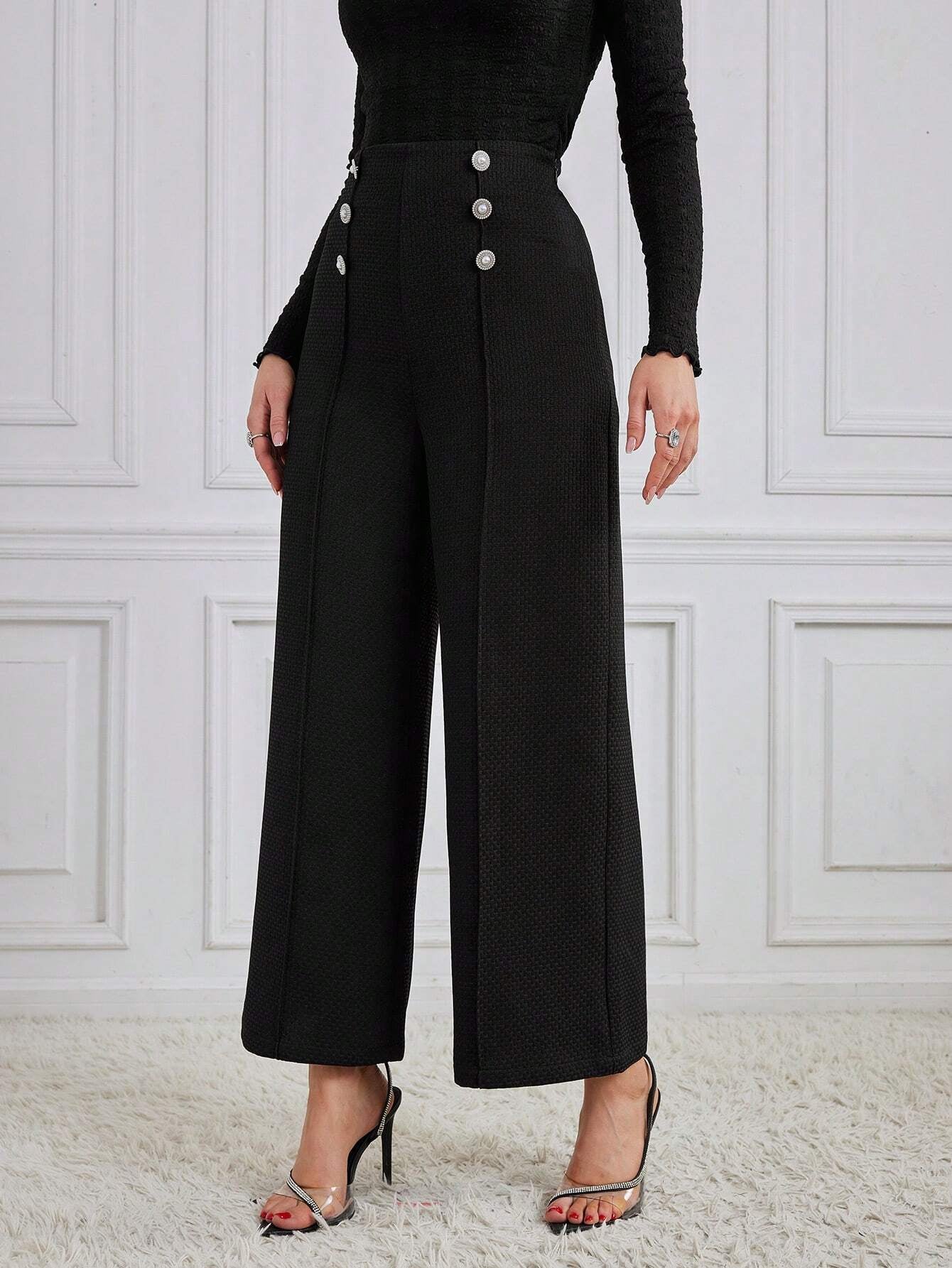 Modely Women'S Loose Fit Wide Leg Pants with Button Detail
