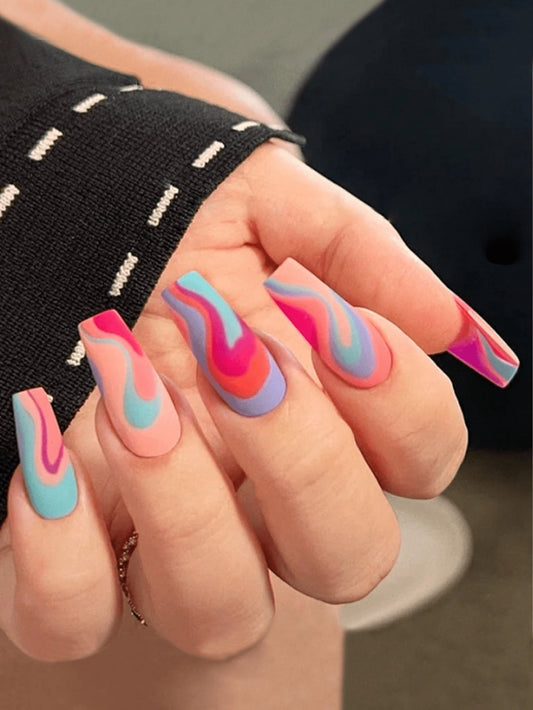 24Pcs Colorful Wavy Line Long Ballet Wear Nail Tips with 1Pc Jelly Glue & 1Pc Nail File for Summer