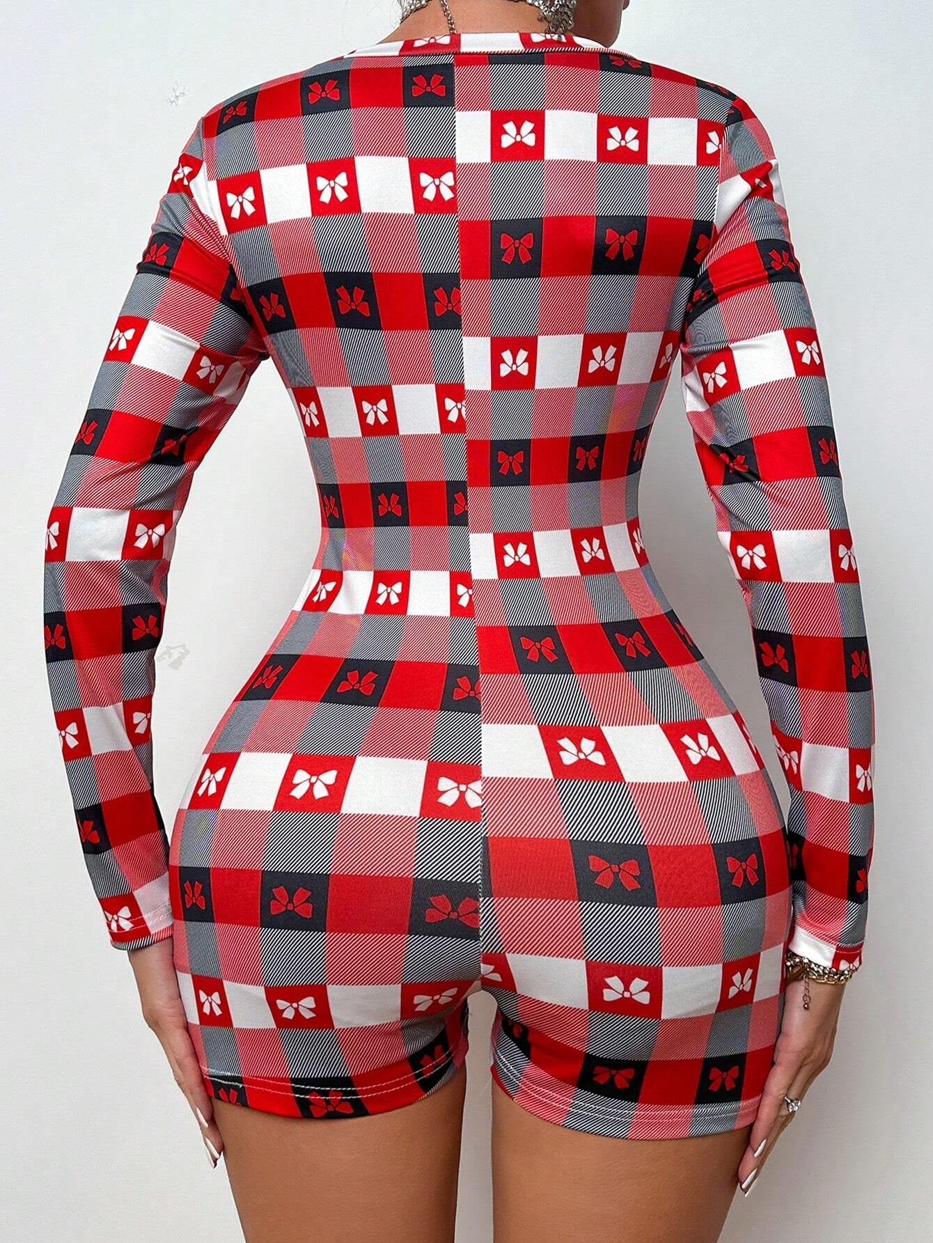 Women'S Plaid Bow Print Pajama Romper