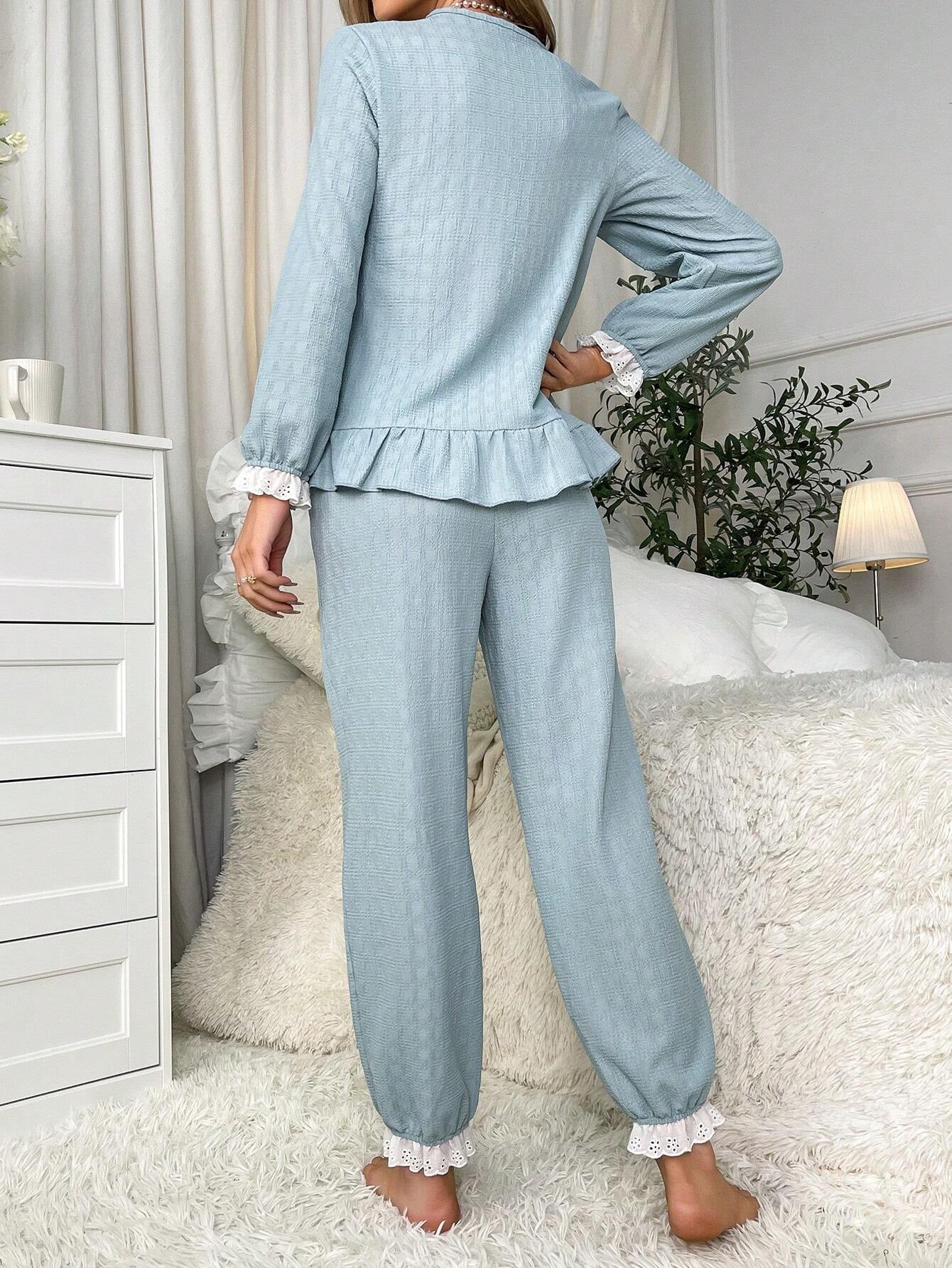 Contrast Schiffy Ruffle Trim PJ Set