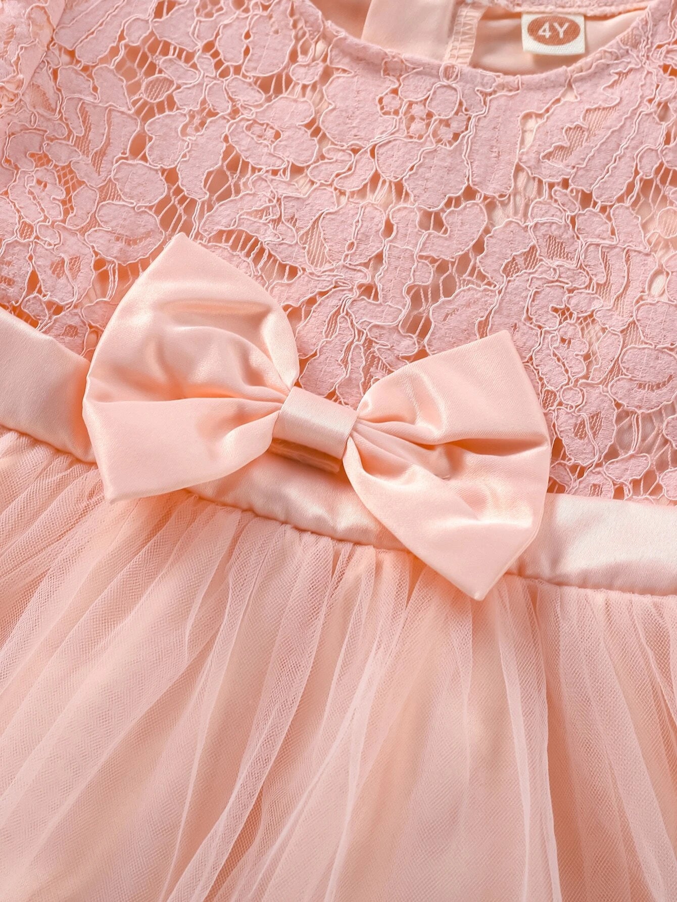 Young Girls Contrast Lace Bow Front Mesh Hem Party Dress
