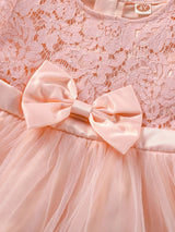 Young Girls Contrast Lace Bow Front Mesh Hem Party Dress