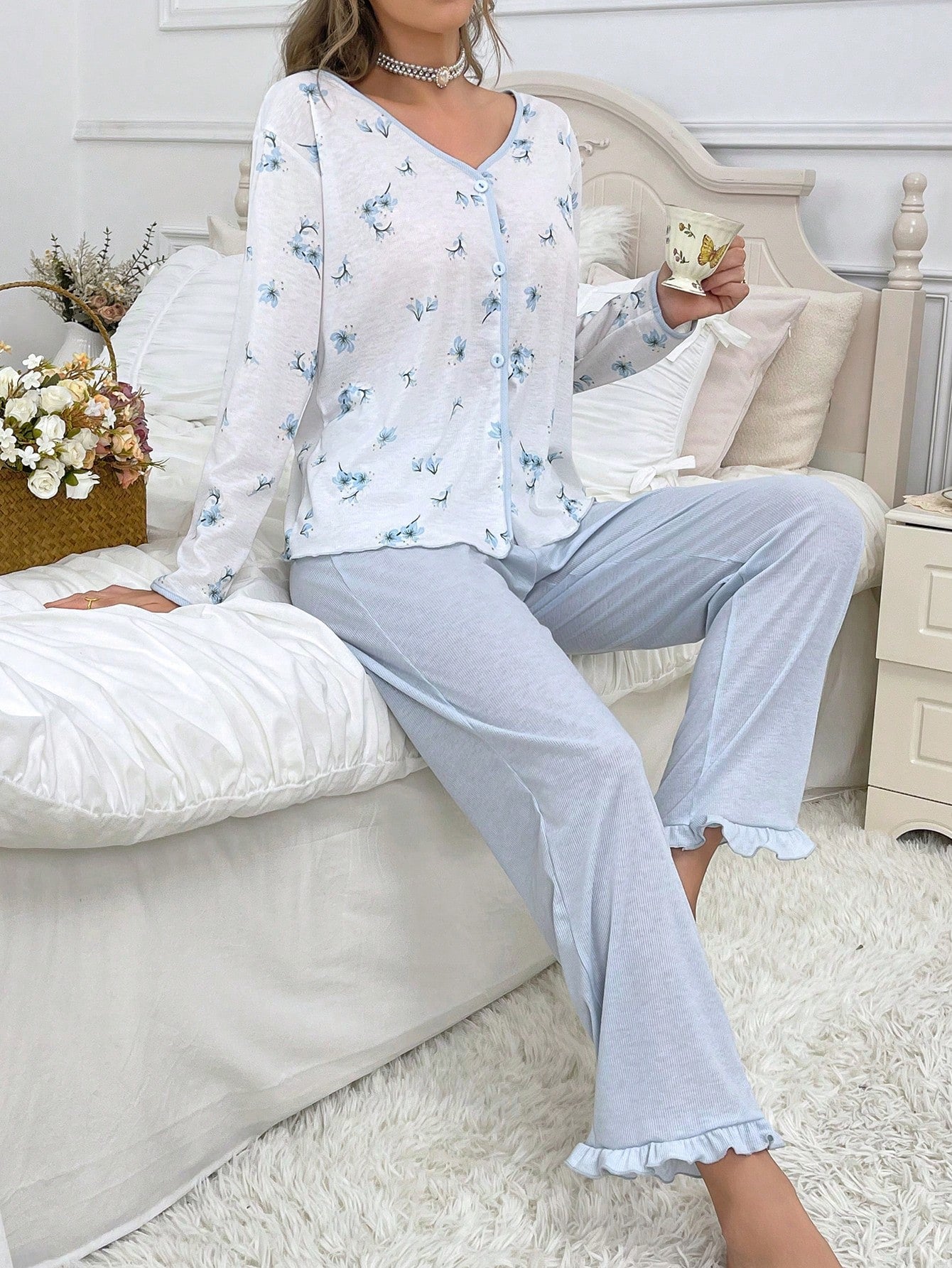 Floral Printed Sleepwear Set with Contrast Trim