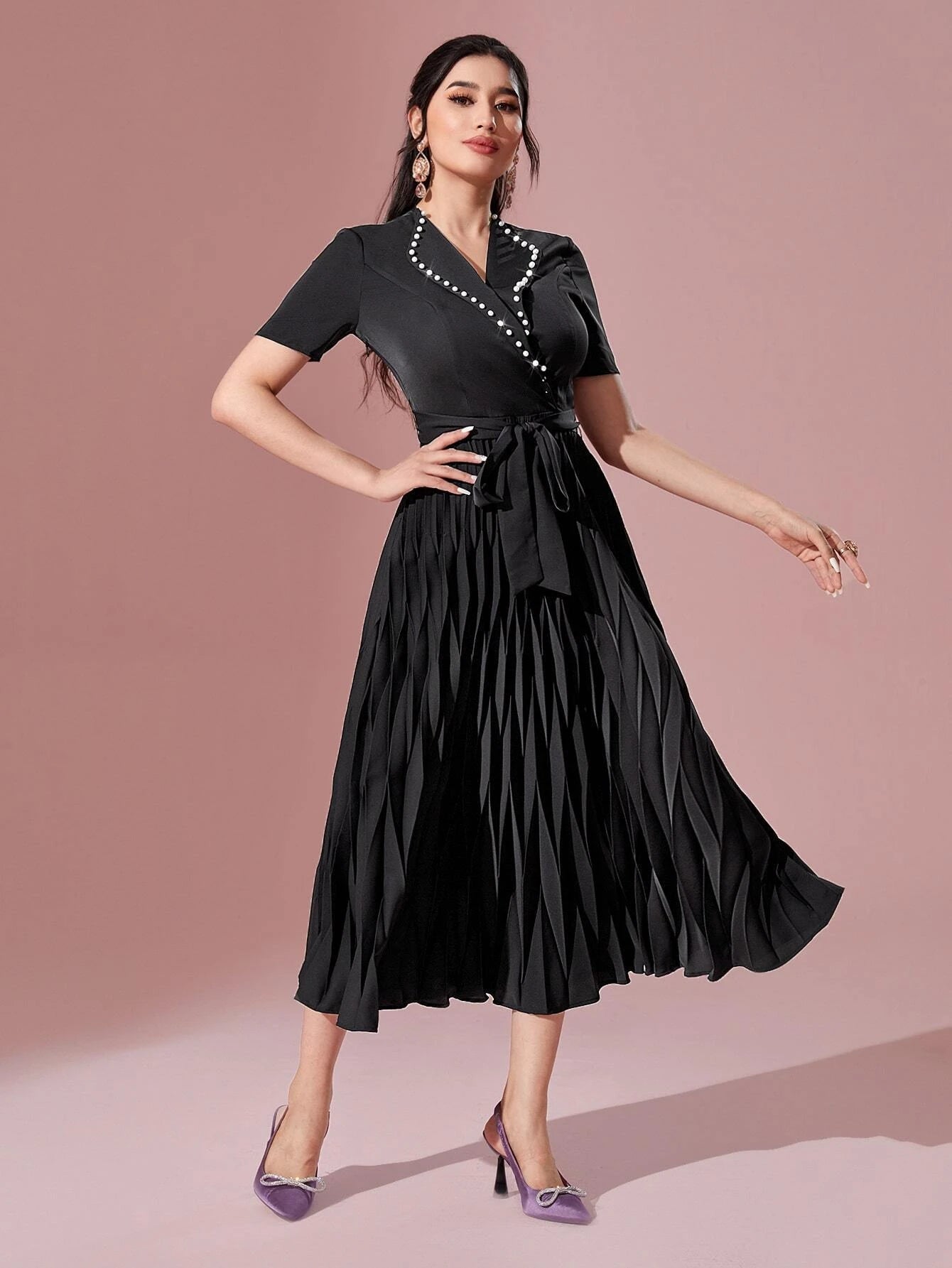 Modely Pearls Beaded Detail Belted Pleated Hem Dress
