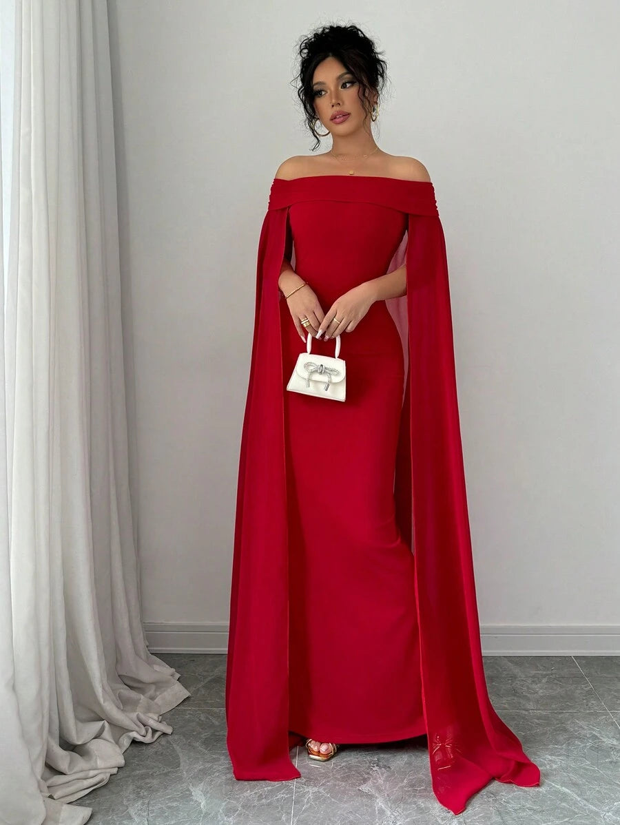 SHEIN Rafferiza فستان احمر طويل كتف واحد بخصر مشدود