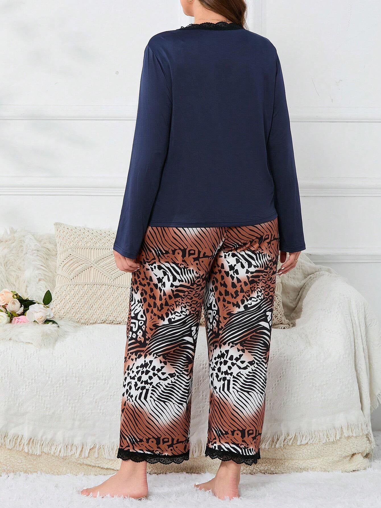 Plus Patchwork Print Contrast Lace PJ Set