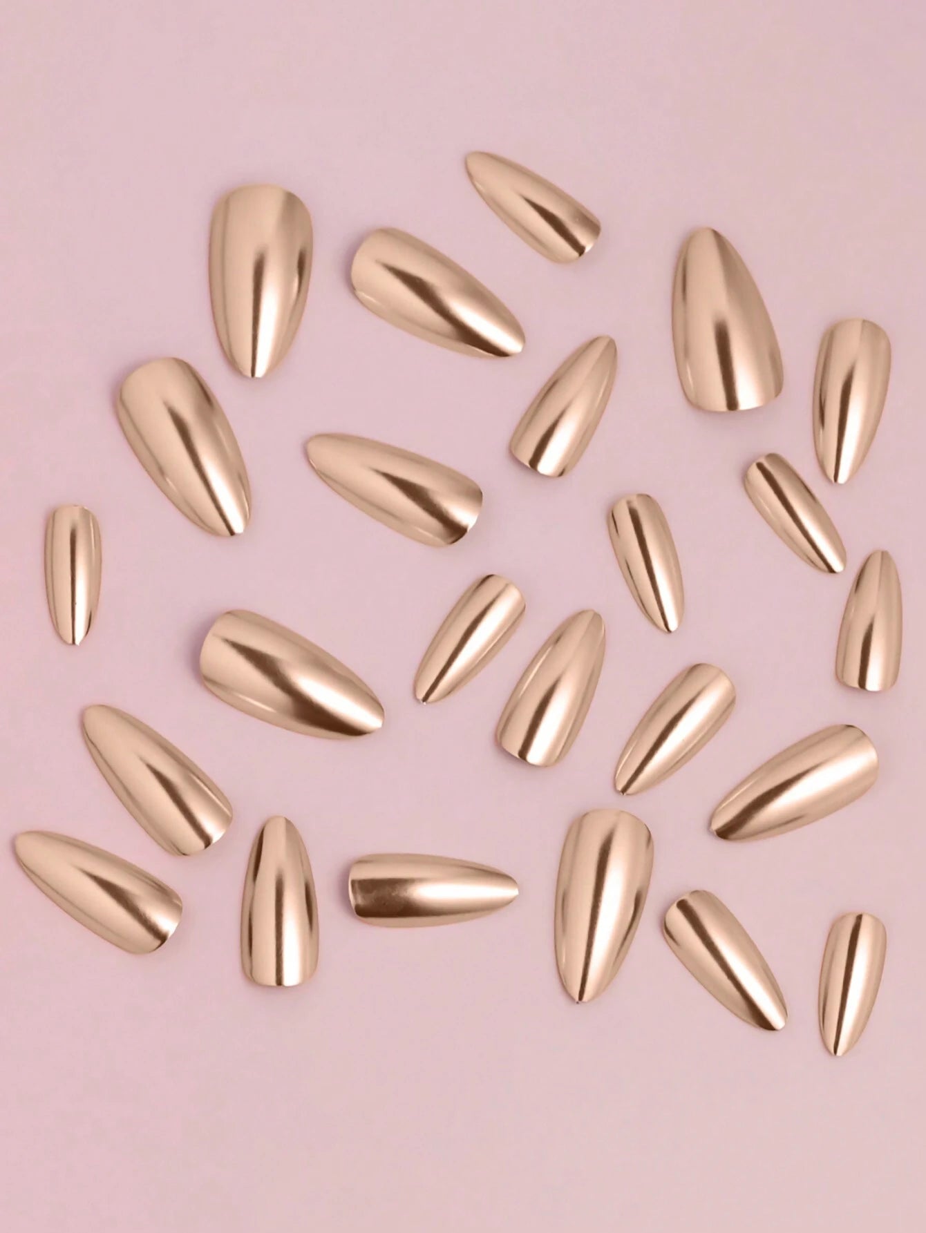 24Pcs Long Almond Press on Nails - Cool Metallic Chrome Champagne False Nails | Punk Metal Chrome Finish Medium Reusable Fake Nails in 12 Sizes - Nail Kits as Gift for Women and Girls & 1Sheet Tape & 1Pc Nail File