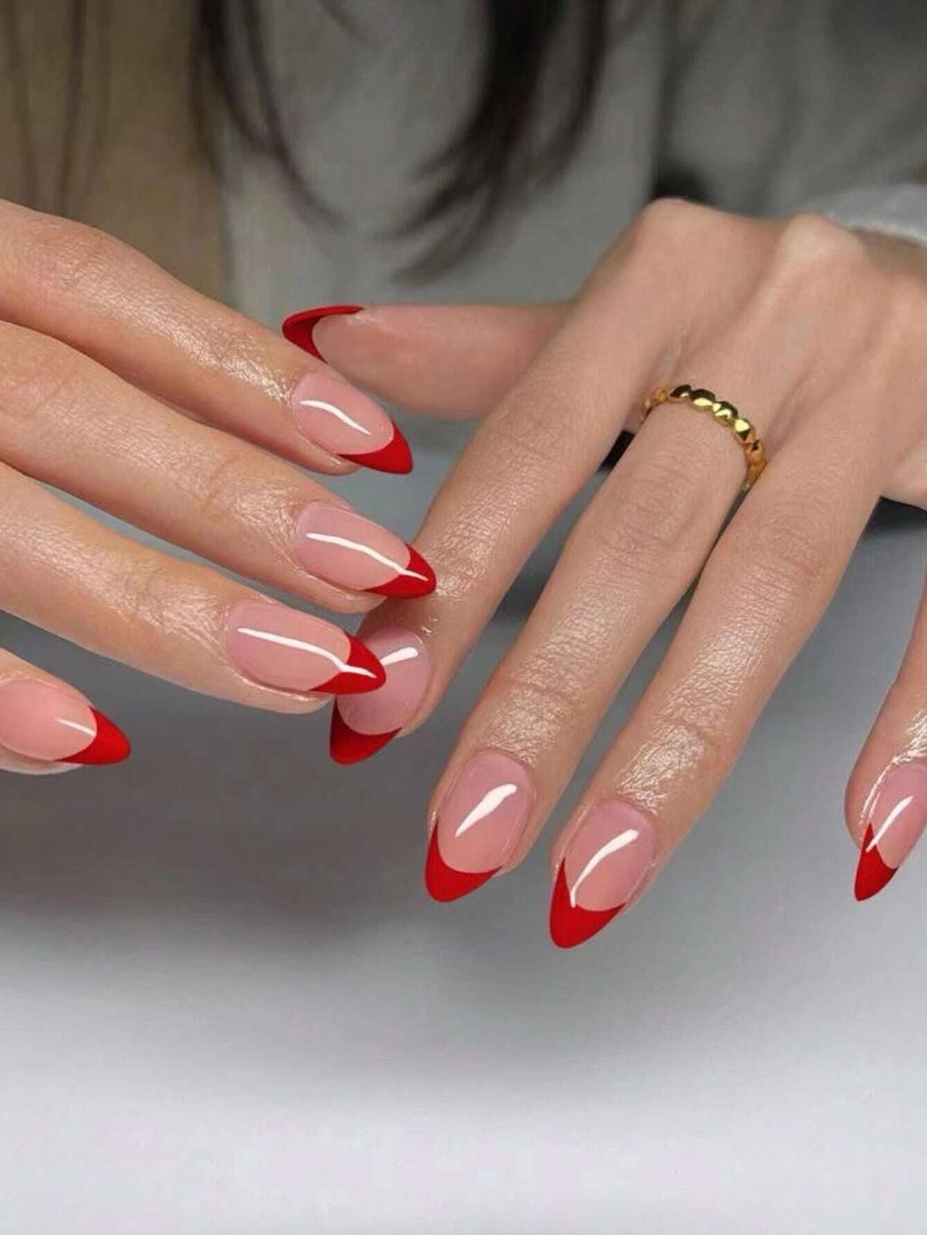 24Pcs False Nails in Waterdrop Shape, Black French Manicure with Small Flowers & Pointy Almond Shape +Jelly Glue + Nail File