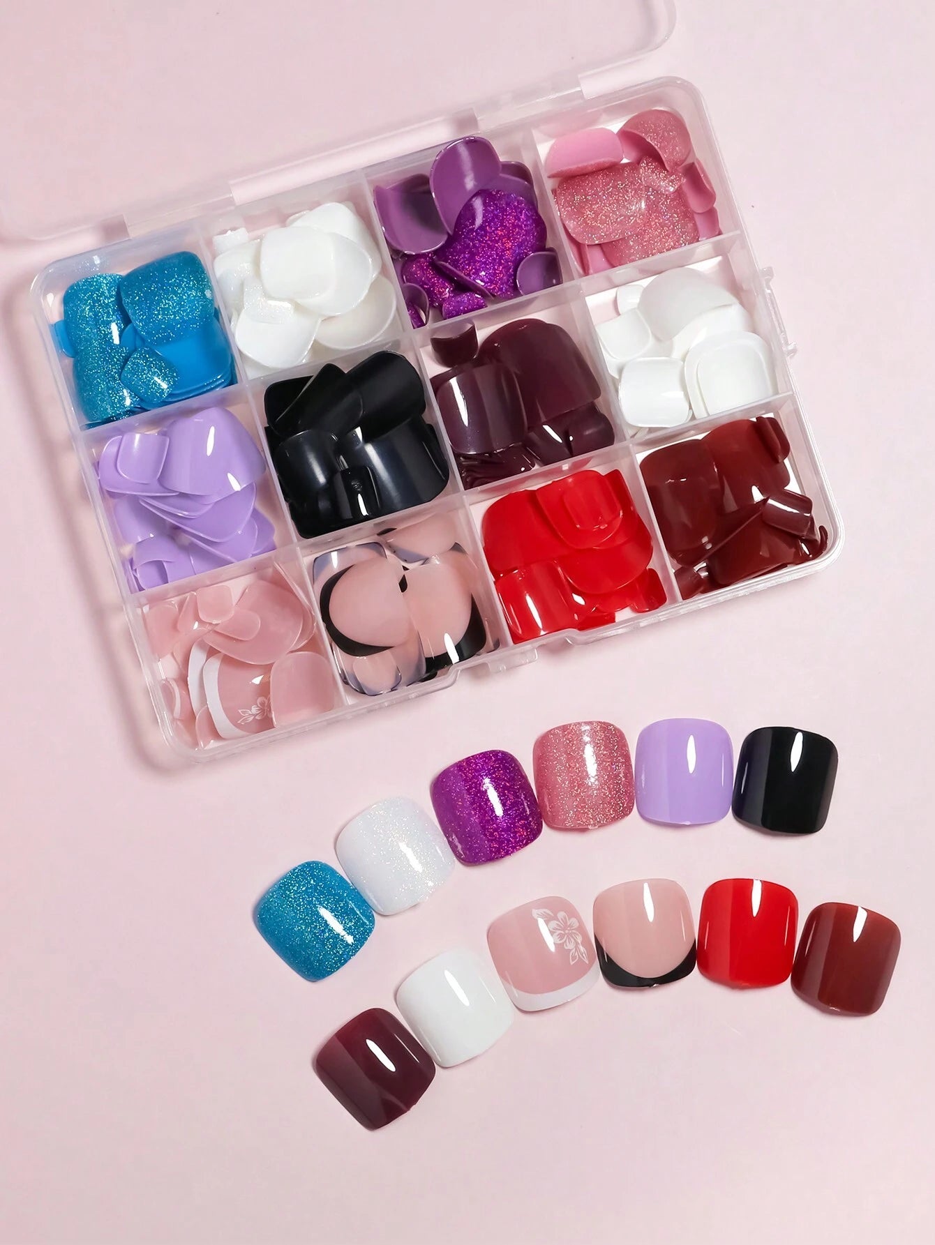 96Pcs(Black/White/Red/Light Pink) Short Square Press on Toenails Designed Press on Toenails Full Cover, 4 Glossy False Toenails for Feet, French Design Fake Toenails for Summer Nail Art Set for Women and Girls with Re-Usable Storage Box