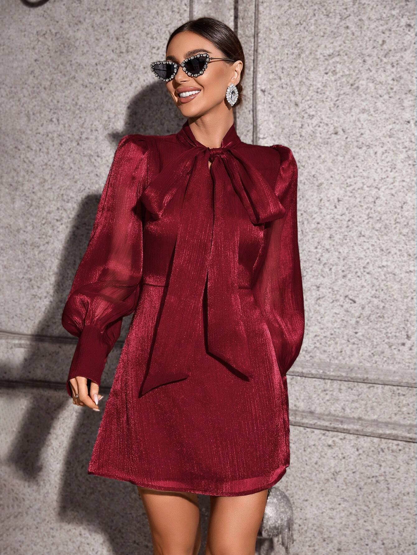 Privé Lantern Sleeve Tie Neck Dress