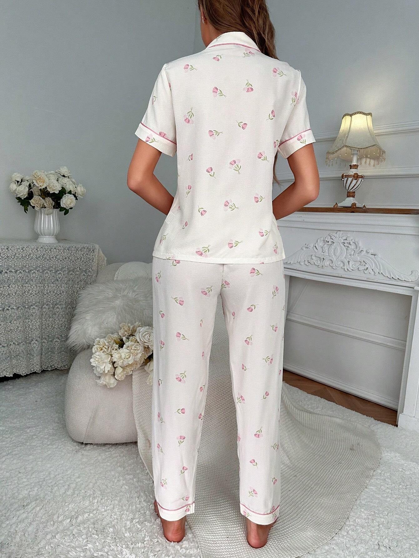 Floral Print Contrast Piping PJ Set