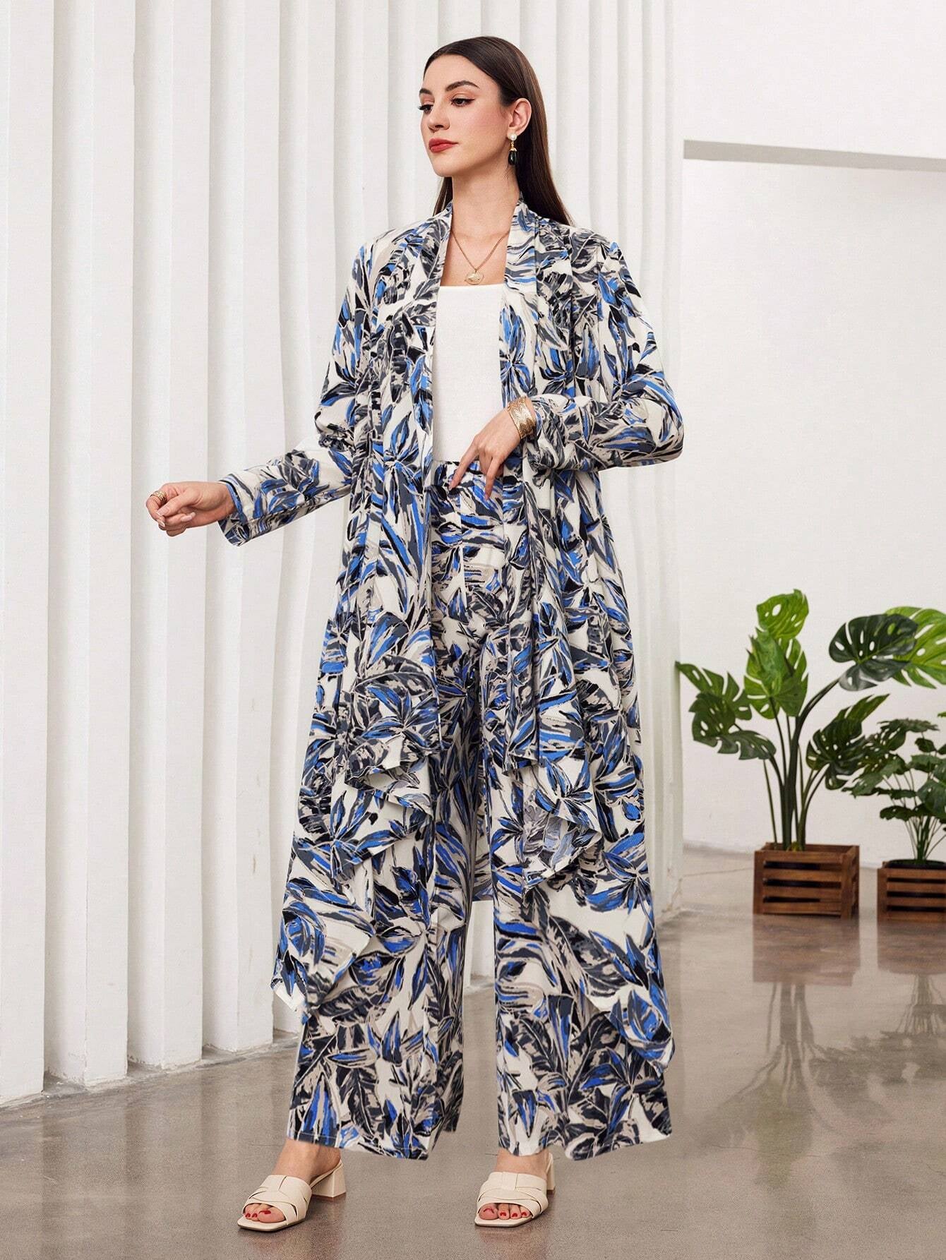 Mulvari Women'S Botanical Print Jacket and Wide Leg Pants Two Piece Set