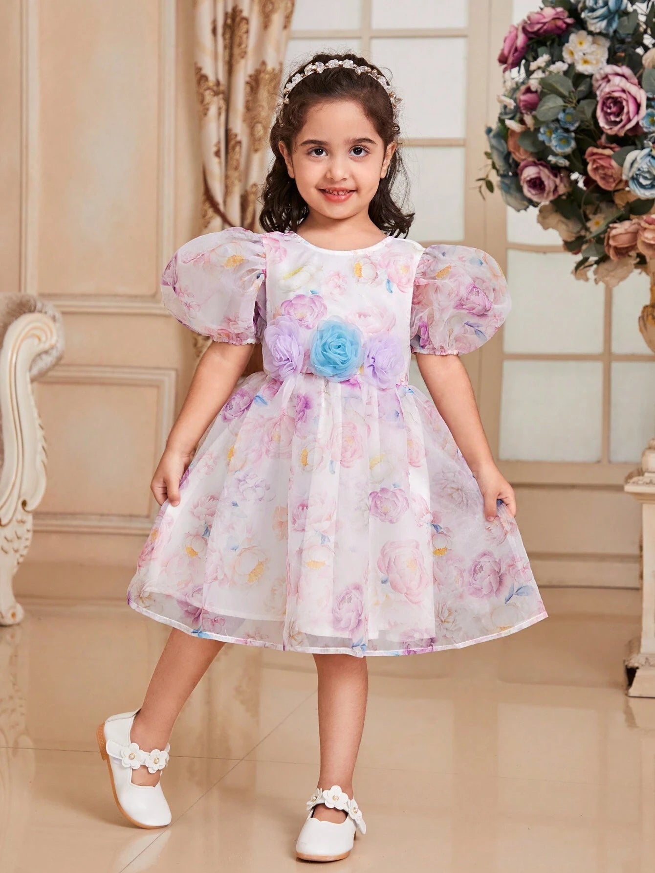 Young Girls' Elegant round Neck Puff Sleeve Organza Floral Print 3D Flower Dress