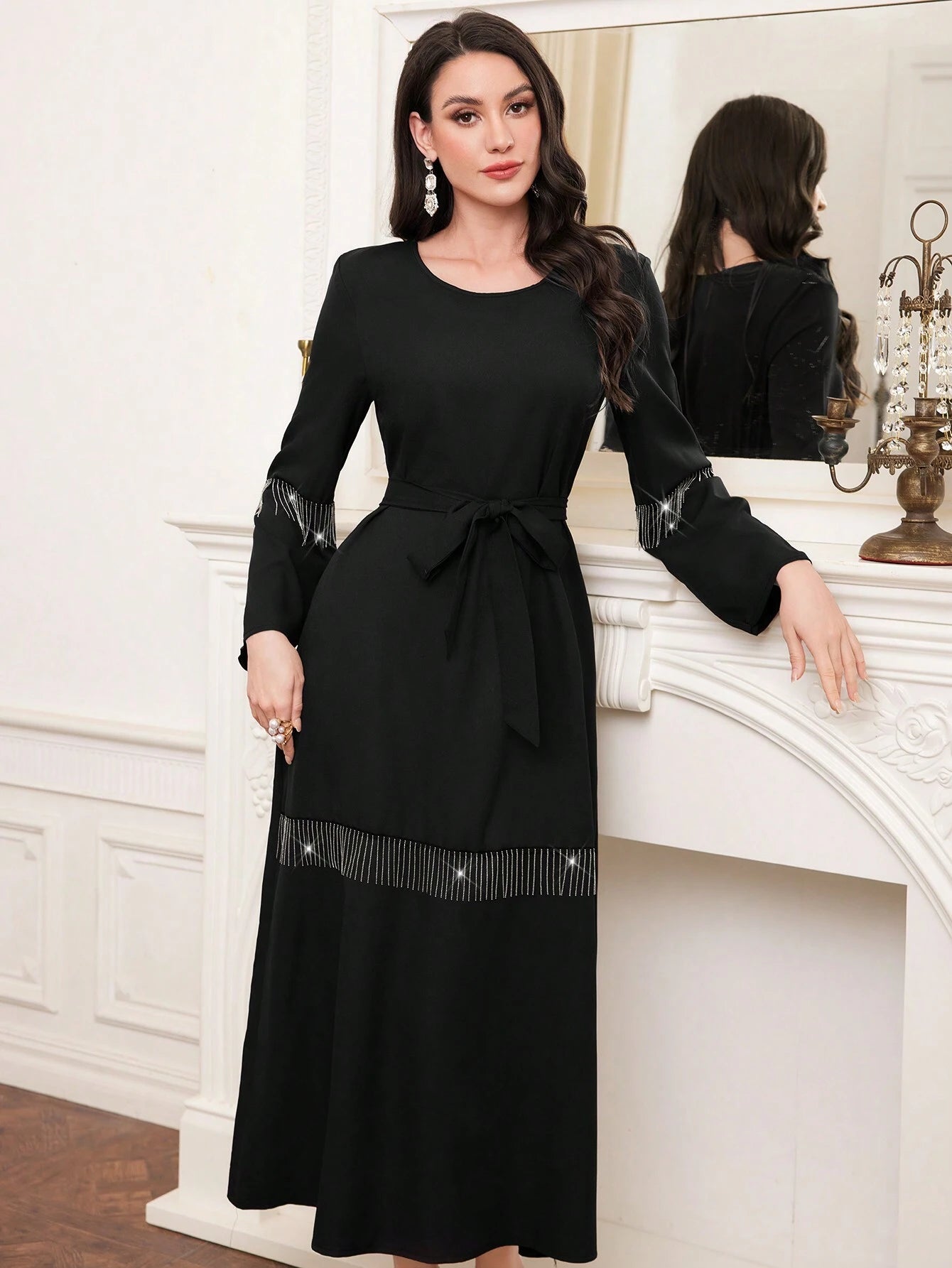 Najma Black round Neck Fringe Decorated Casual Dress