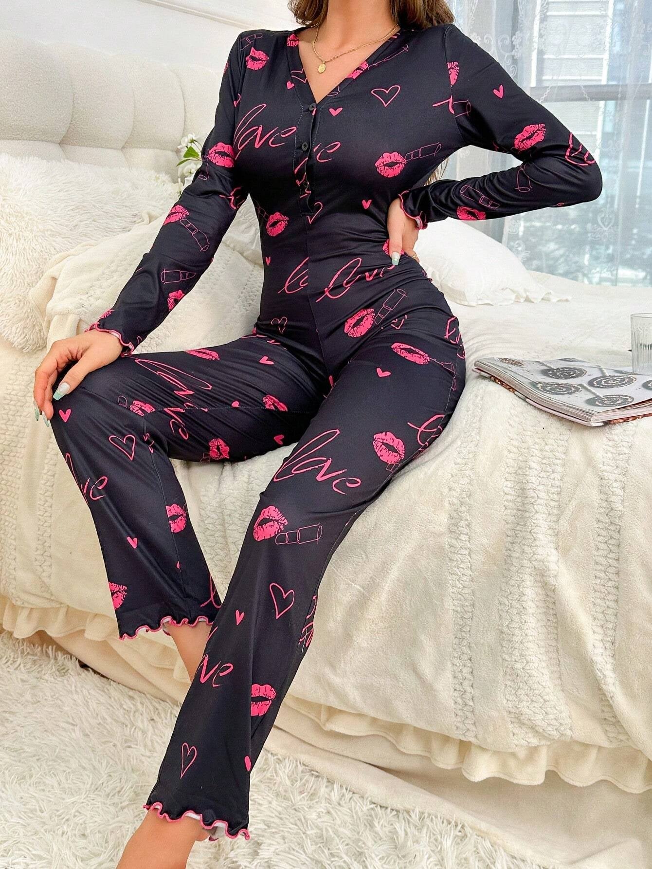 Coffee Print Deep V Neck Sleep Jumpsuit