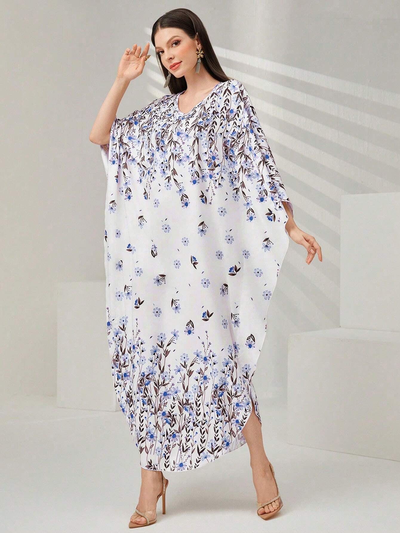 Najma Women'S Floral Print Batwing Sleeve Turkish Long Shirt