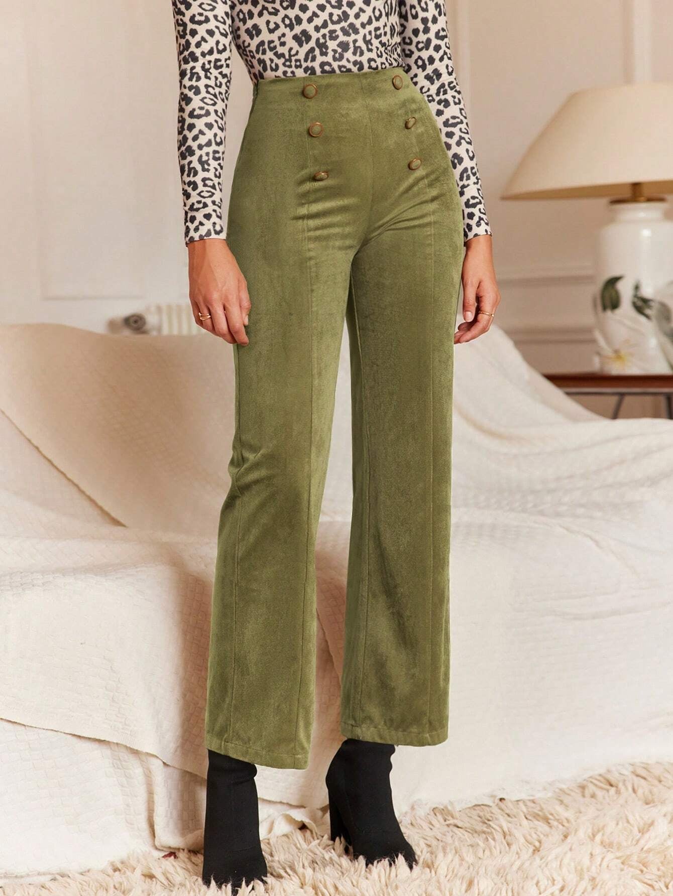Frenchy High-Waisted Straight Leg Pants with Double Breasted Decoration