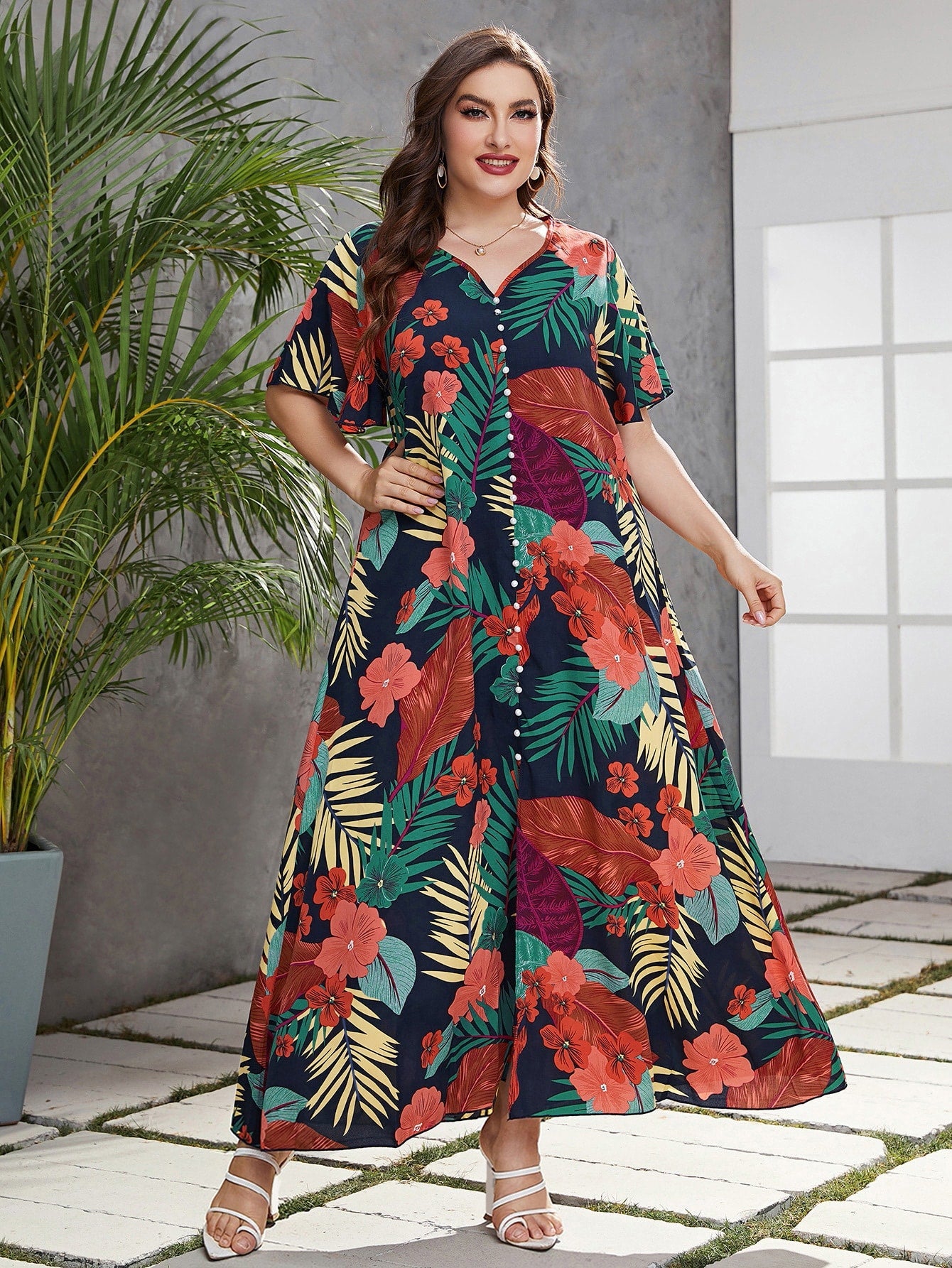 Mulvari plus Tropical Print Butterfly Sleeve Fake Button Dress