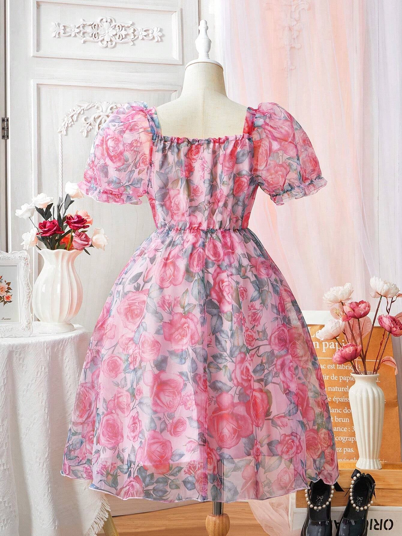 Tween Girl Floral Printed Mesh Patchwork Puff Sleeve Dress