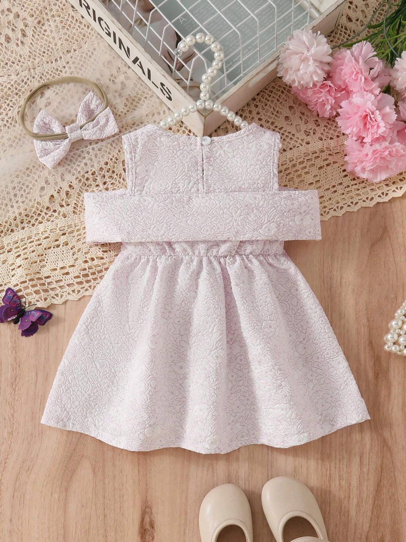 Baby Girls' Simple Jacquard 3D Puff Cold-Shoulder Dress