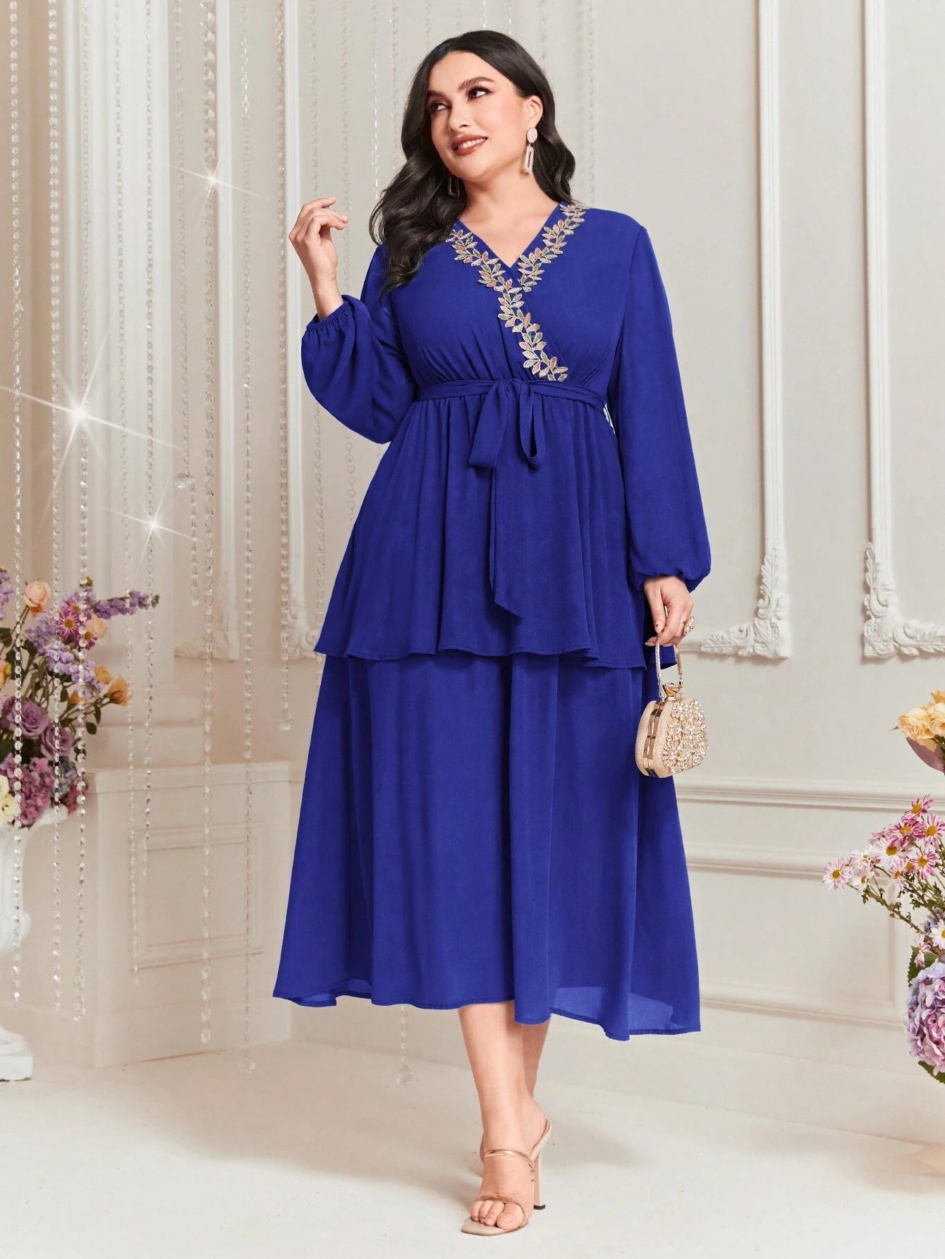 Modely plus Size Embroidered Decor Lantern Sleeve Dress