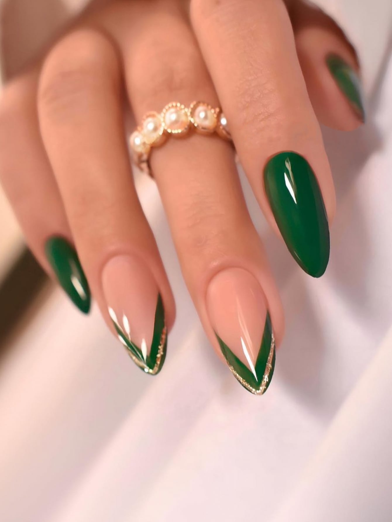 Instantly Upgrade Your Look with 24Pcs Long Almond Green French Leaf Pattern Fake Nail & 1Pc Nail File & 1Sheet Nail Tape