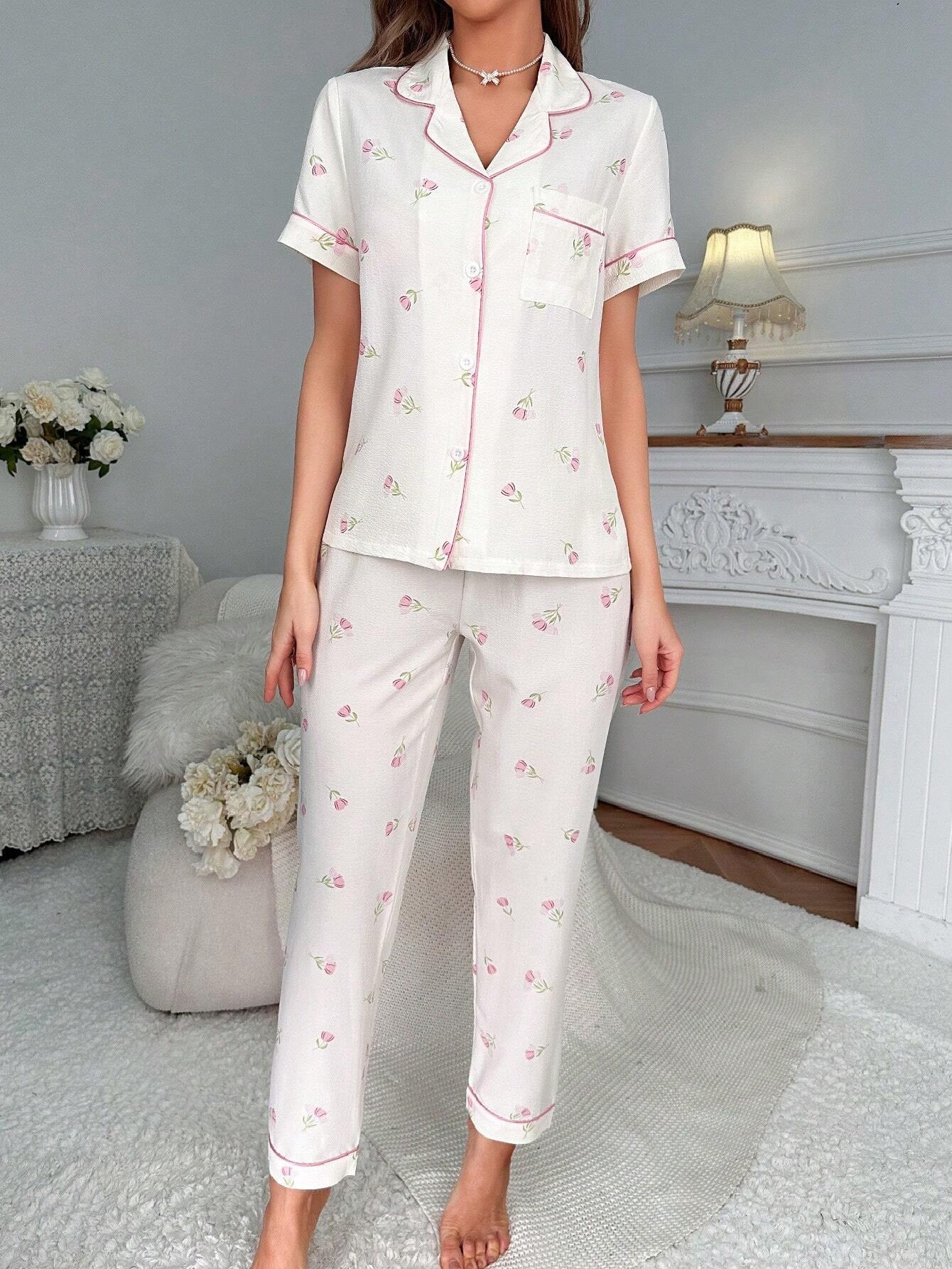Floral Print Contrast Piping PJ Set