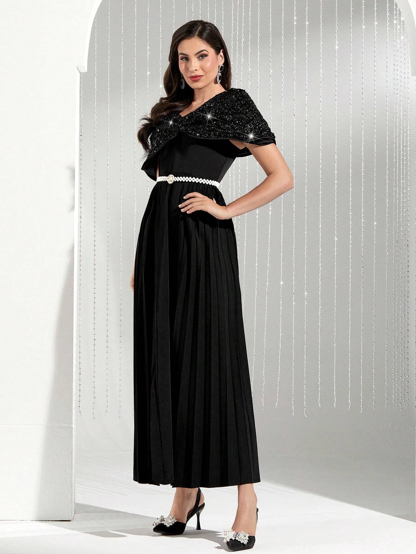 Modely Women'S Sequin Panel Pleated Hem Dress, No Belt Included