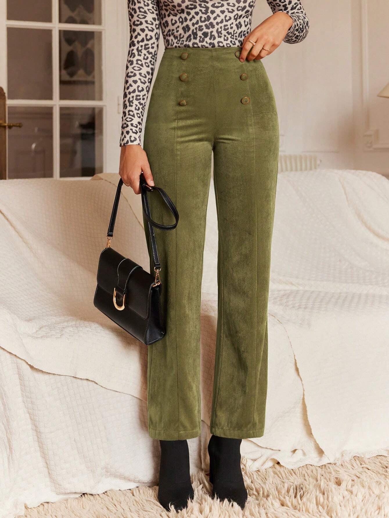 Frenchy High-Waisted Straight Leg Pants with Double Breasted Decoration