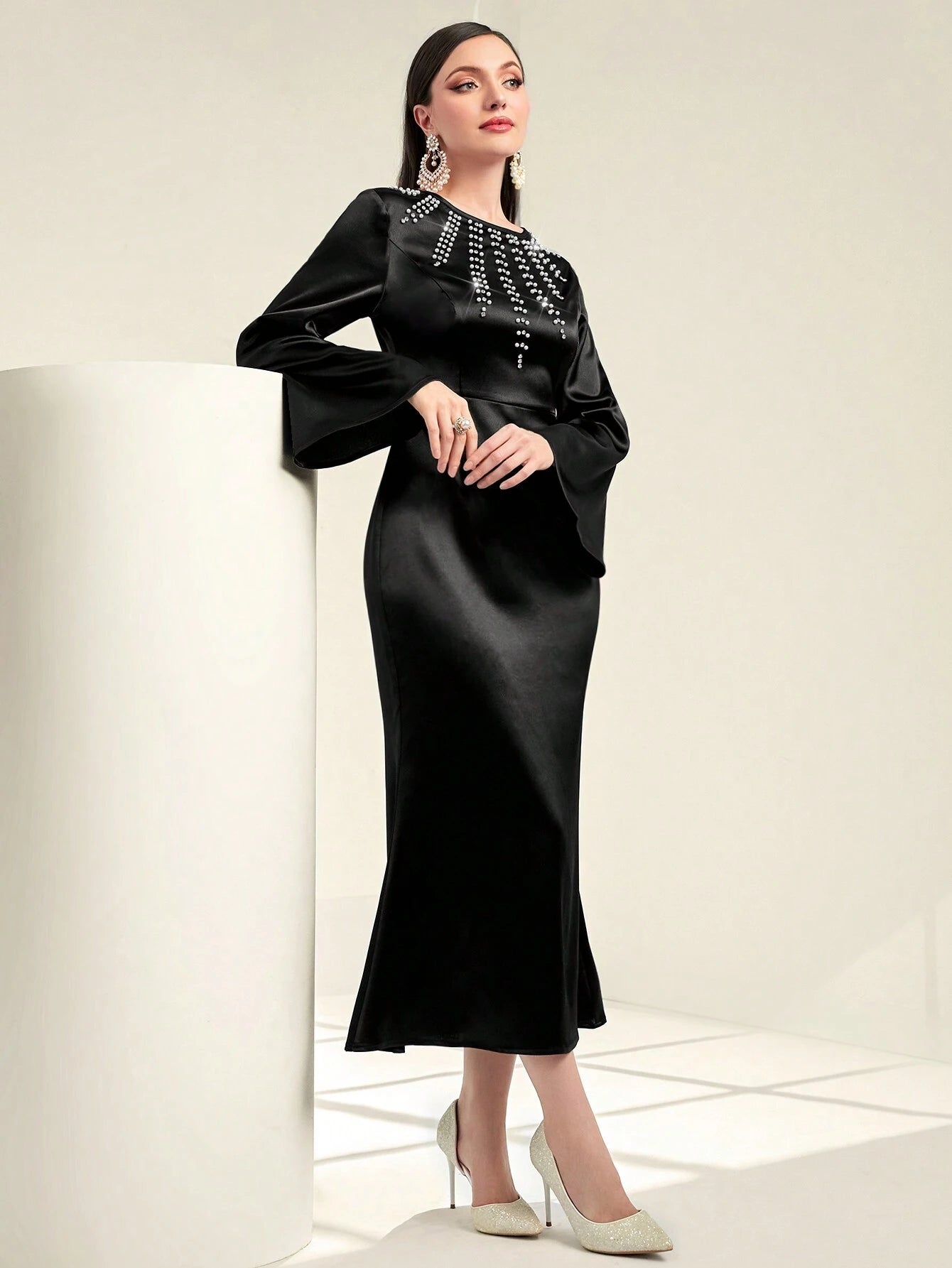 Najma Rhinestone Detail Bell Sleeve Dress