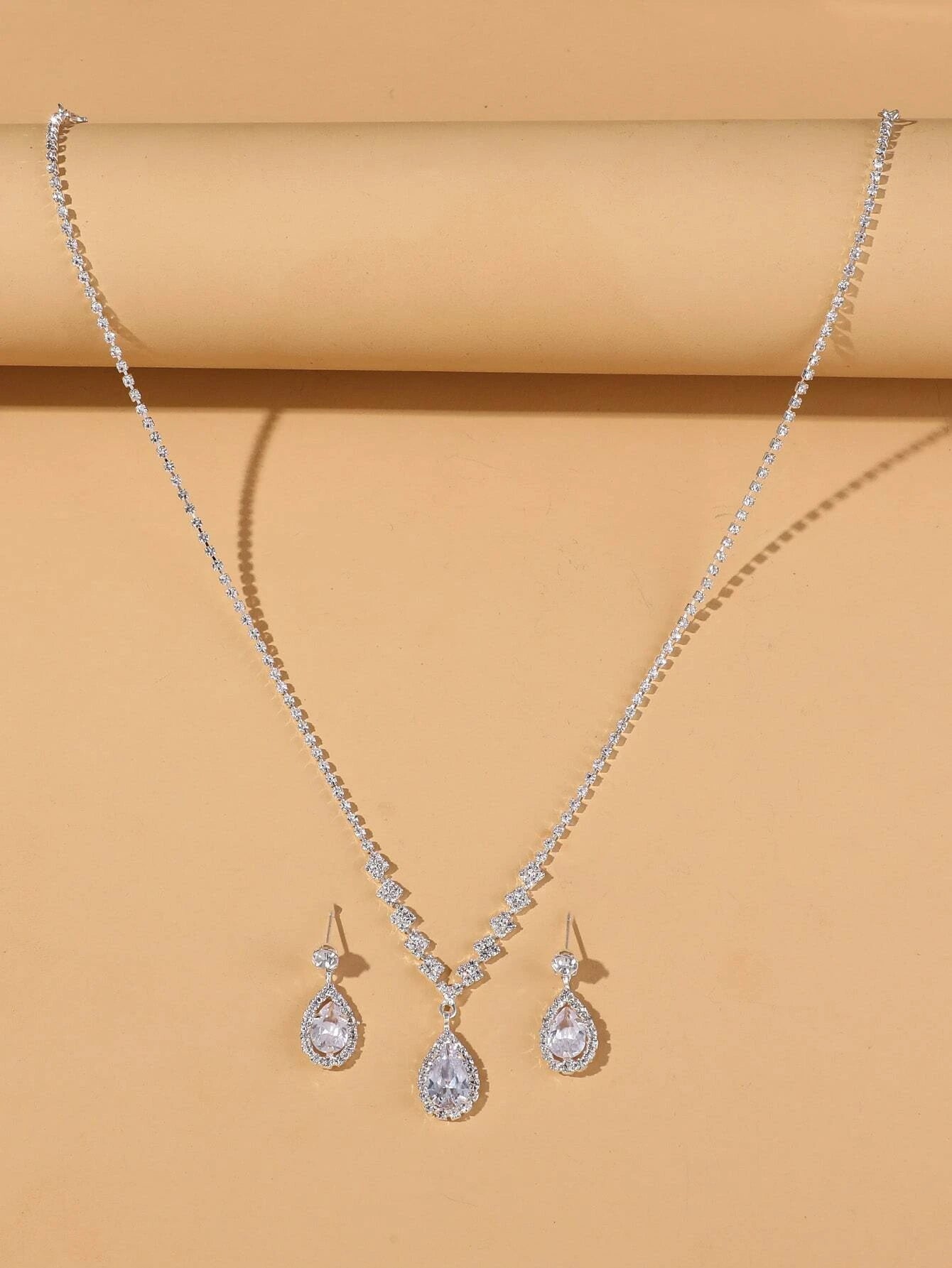 Rhinestone Water-Drop Charm Necklace & Drop Earrings for Women for Party Banquet Wedding
