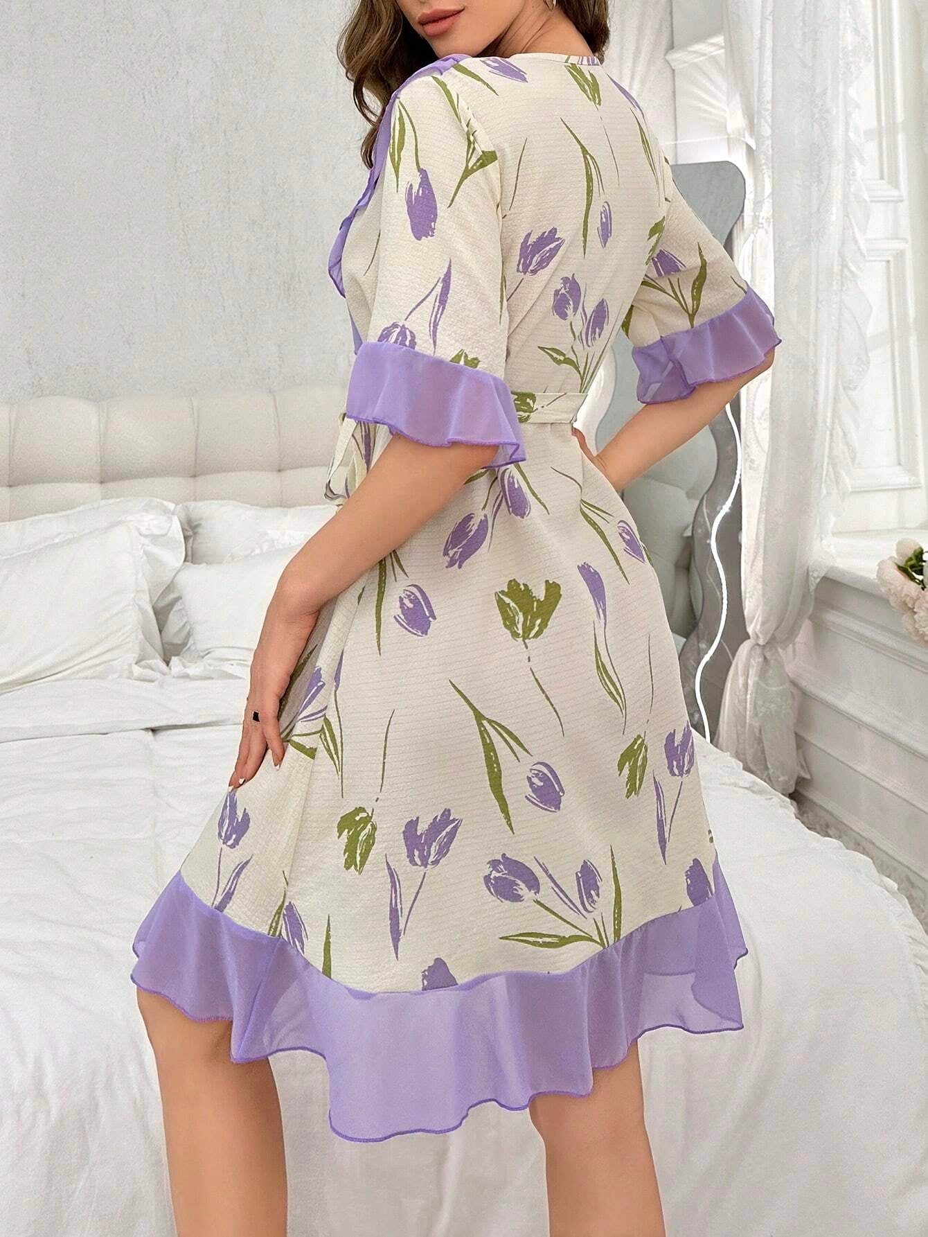 Women'S Tulip Print Contrast Color Wrap Belted Robe with Ruffled Hem
