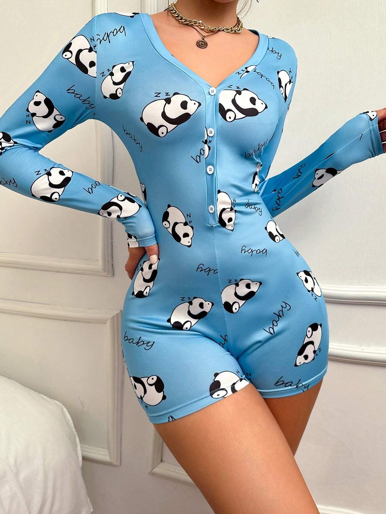 Women'S Cartoon Panda Printed Long Sleeve Sleepwear Romper