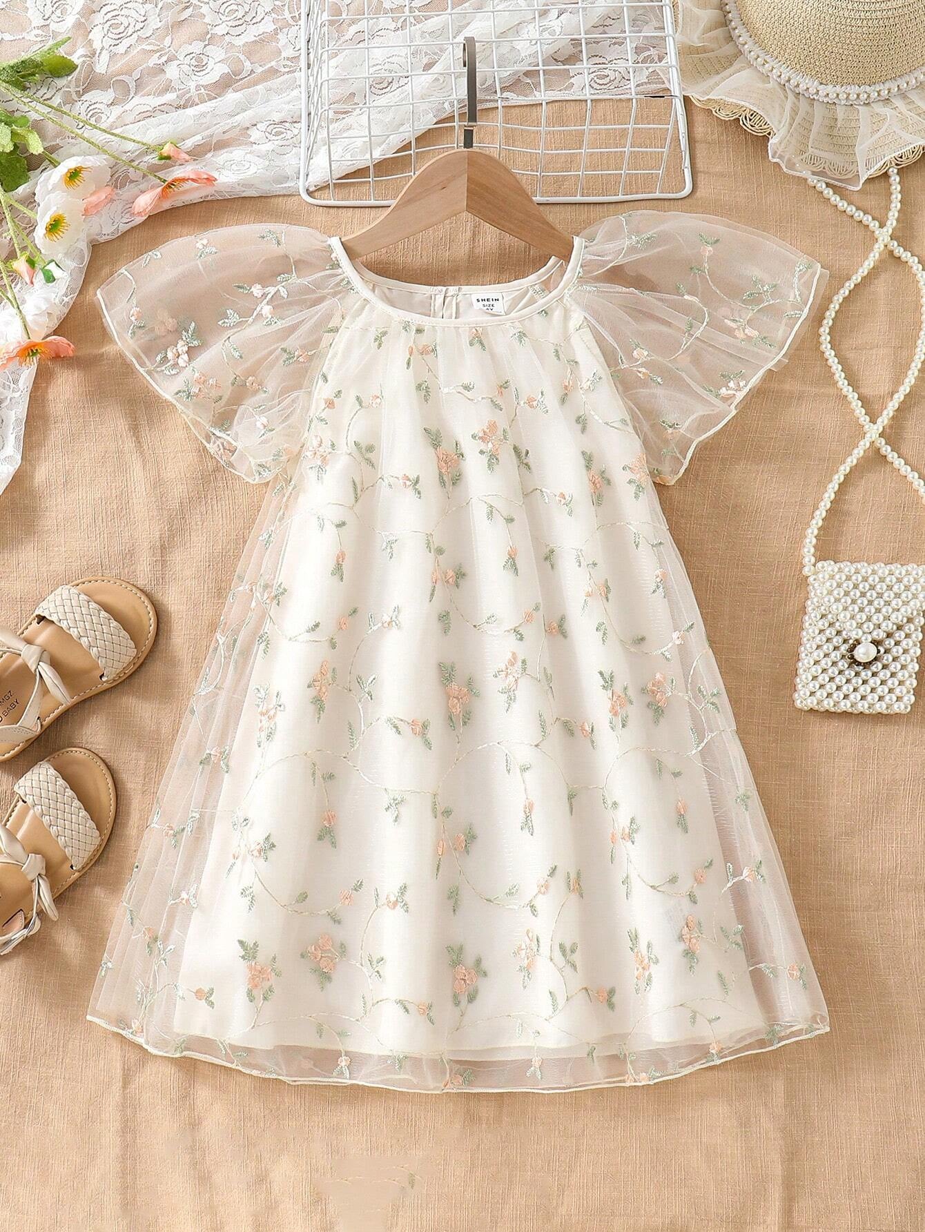 Young Girls' Mesh Embroidery Dress with Ruffle Hem